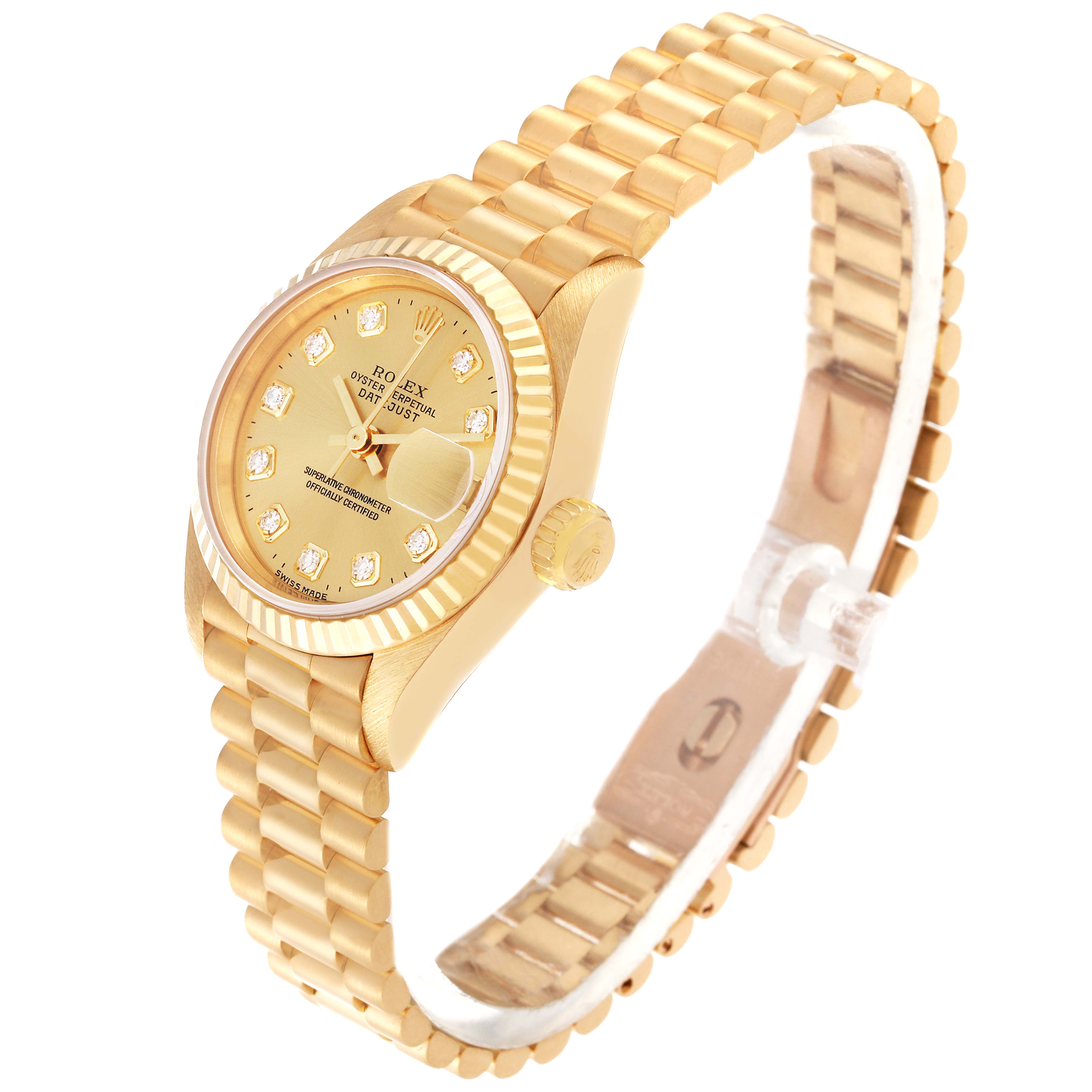 The image shows the Rolex President 69178 Women
s Yellow Gold Champagne Dial 69178 Women
s Yellow Gold Champagne Dial model watch at an angled view, highlighting its gold case, diamond hour markers, and gold bracelet.