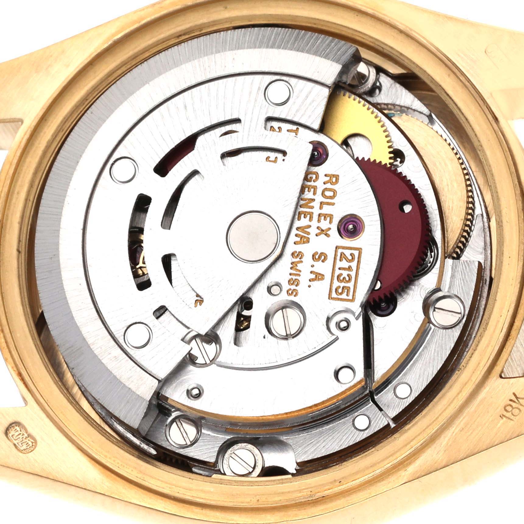 The image shows the internal movement mechanism of a Rolex President 69178 Women
s Yellow Gold Champagne Dial 69178 Women
s Yellow Gold Champagne Dial model watch from a top-down angle.