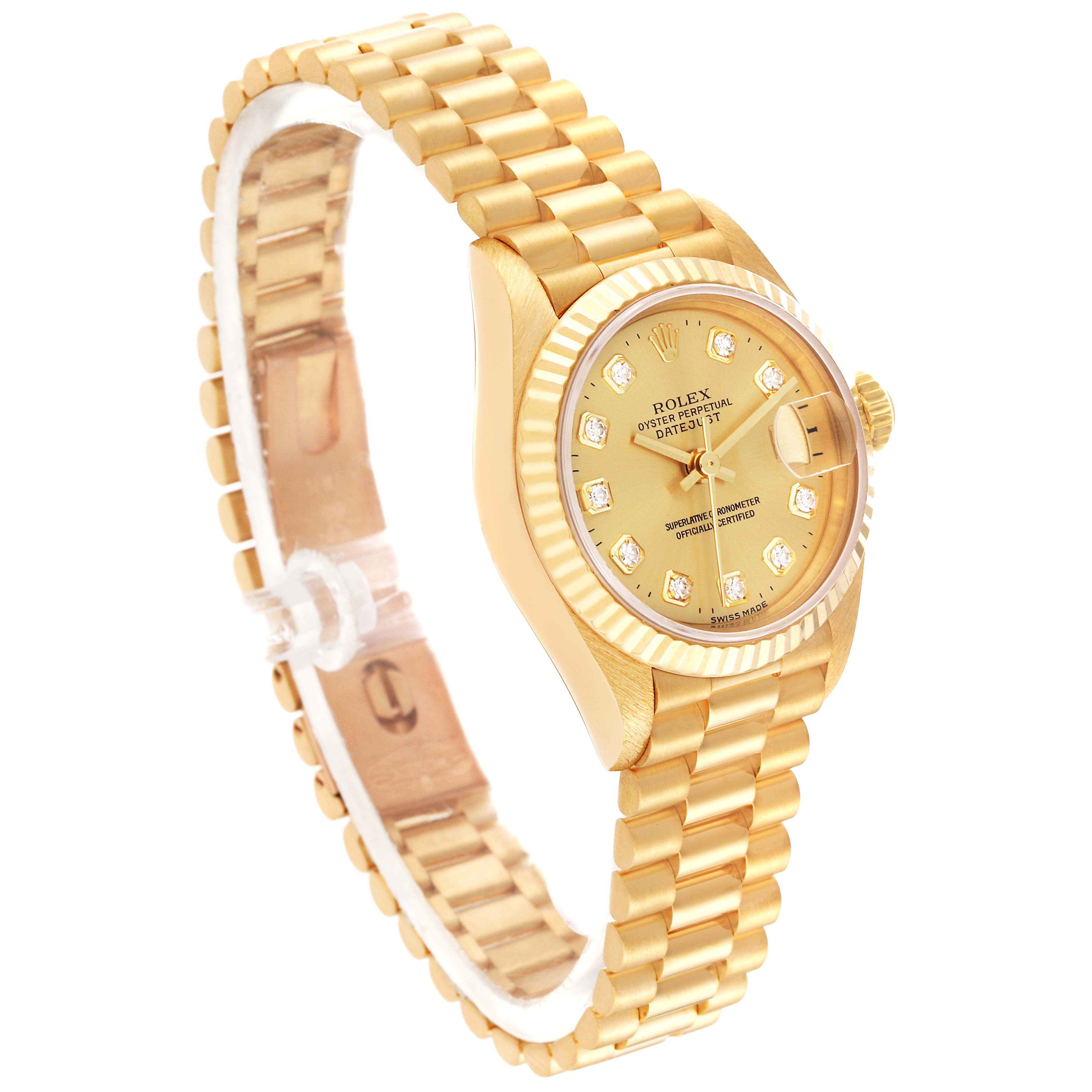 The Rolex President 69178 Women
s Yellow Gold Champagne Dial 69178 Women
s Yellow Gold Champagne Dial model watch is shown at a slight angle showcasing the dial, bezel, bracelet, and crown.