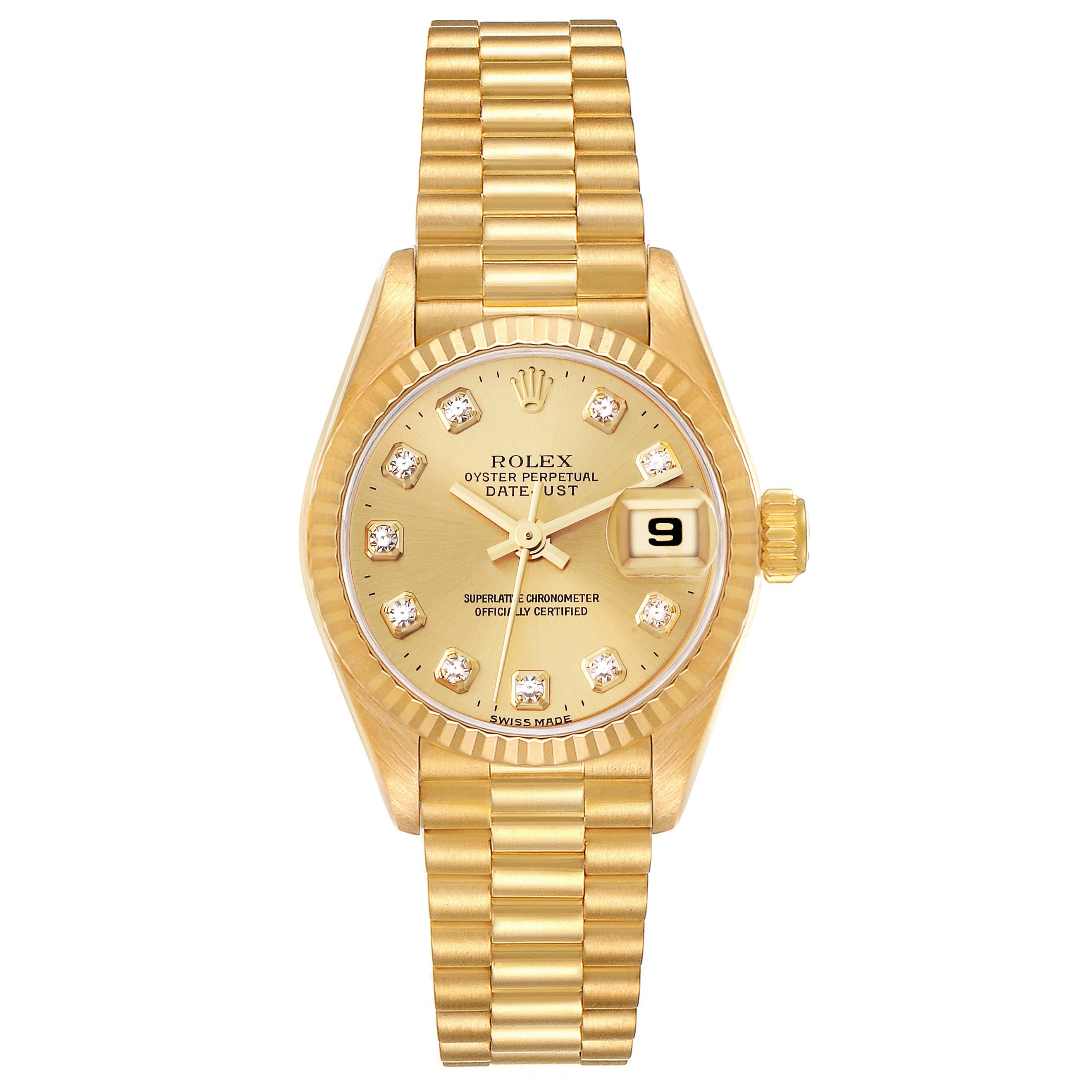 This is a front view of the Rolex President 69178 Women
s Yellow Gold Champagne Dial 69178 Women
s Yellow Gold Champagne Dial model, showcasing its dial, bezel, crown, and bracelet.