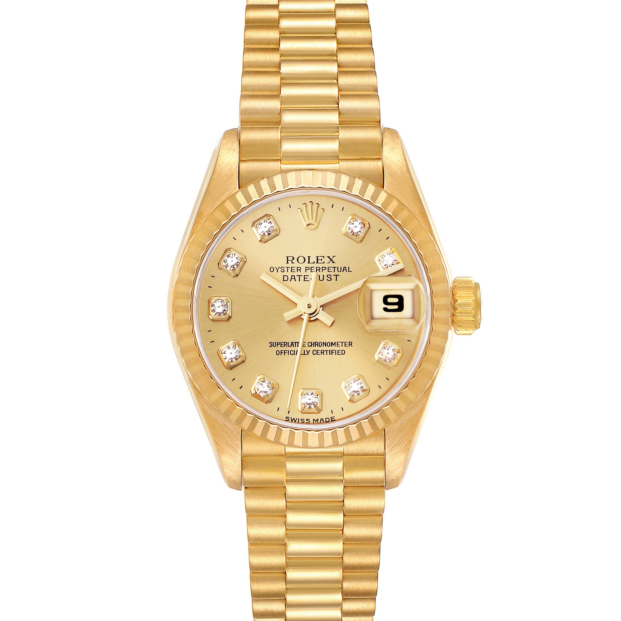 The image shows a frontal view of a Rolex President 69178 Women
s Yellow Gold Champagne Dial 69178 Women
s Yellow Gold Champagne Dial model watch, featuring the dial, bezel, and bracelet.
