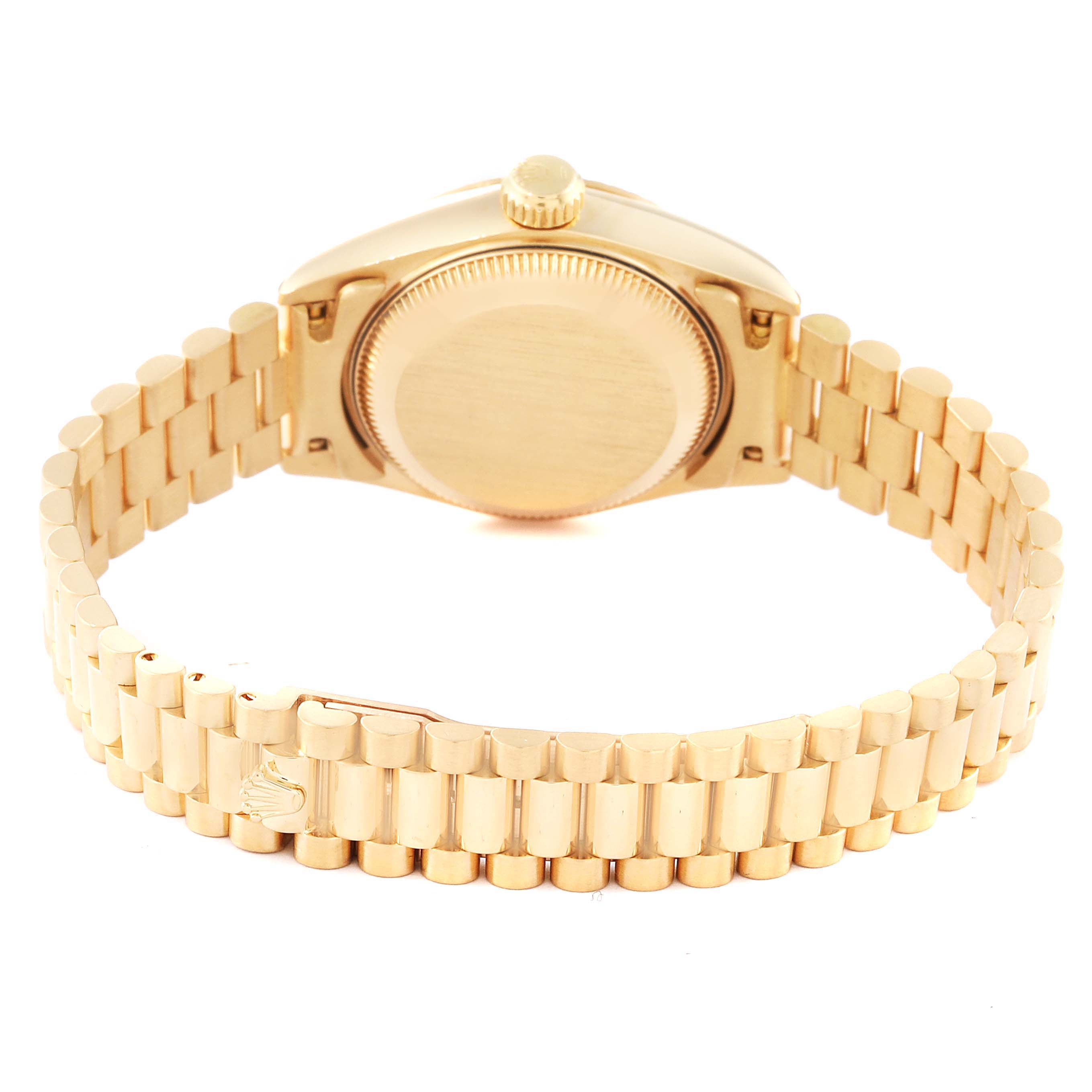The image shows the rear view of a Rolex President 69178 Women
s Yellow Gold Champagne Dial 69178 Women
s Yellow Gold Champagne Dial model watch, highlighting the case back and the bracelet.
