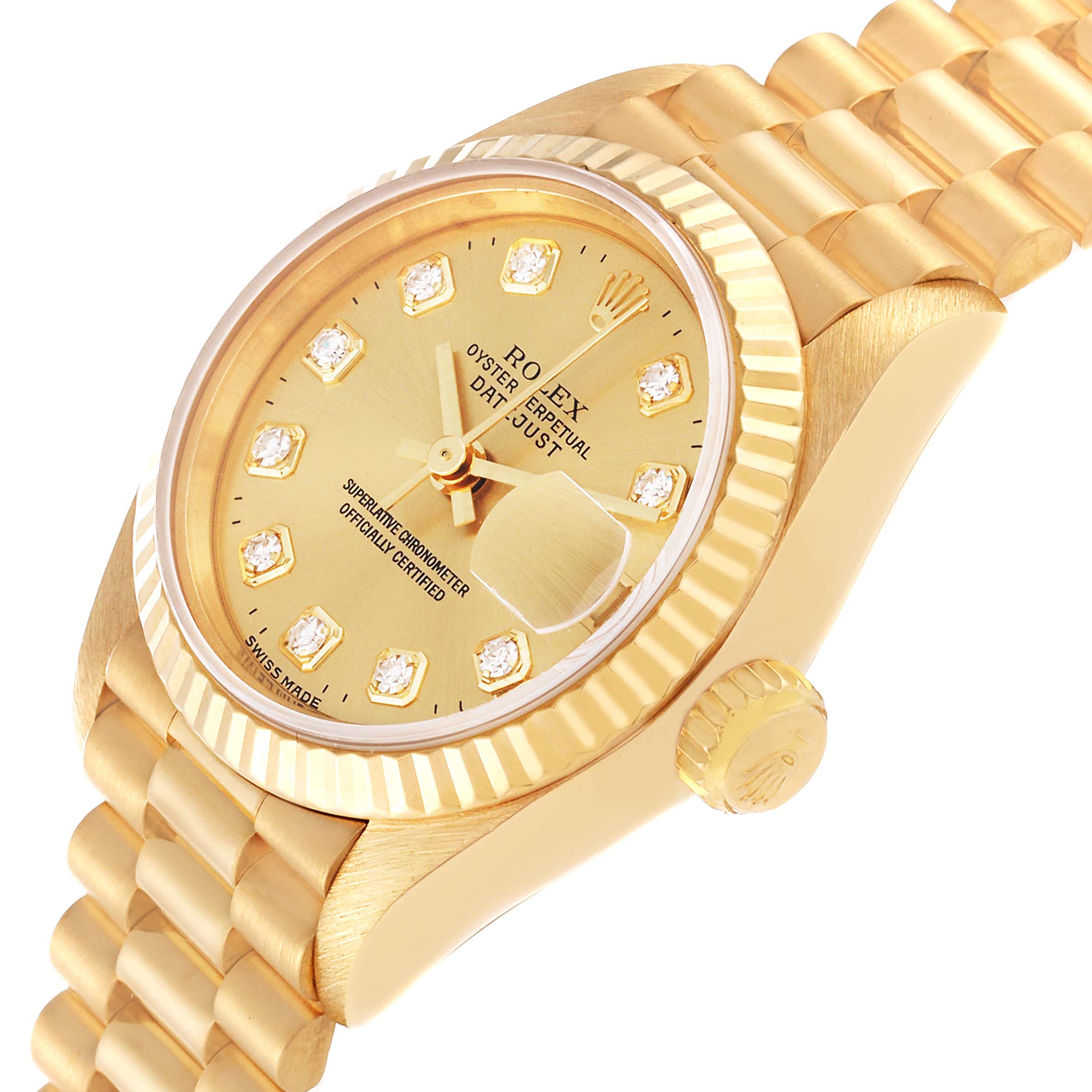 The image shows a close-up angle of the Rolex President 69178 Women
s Yellow Gold Champagne Dial 69178 Women
s Yellow Gold Champagne Dial model watch, displaying the dial, bezel, crown, and bracelet.