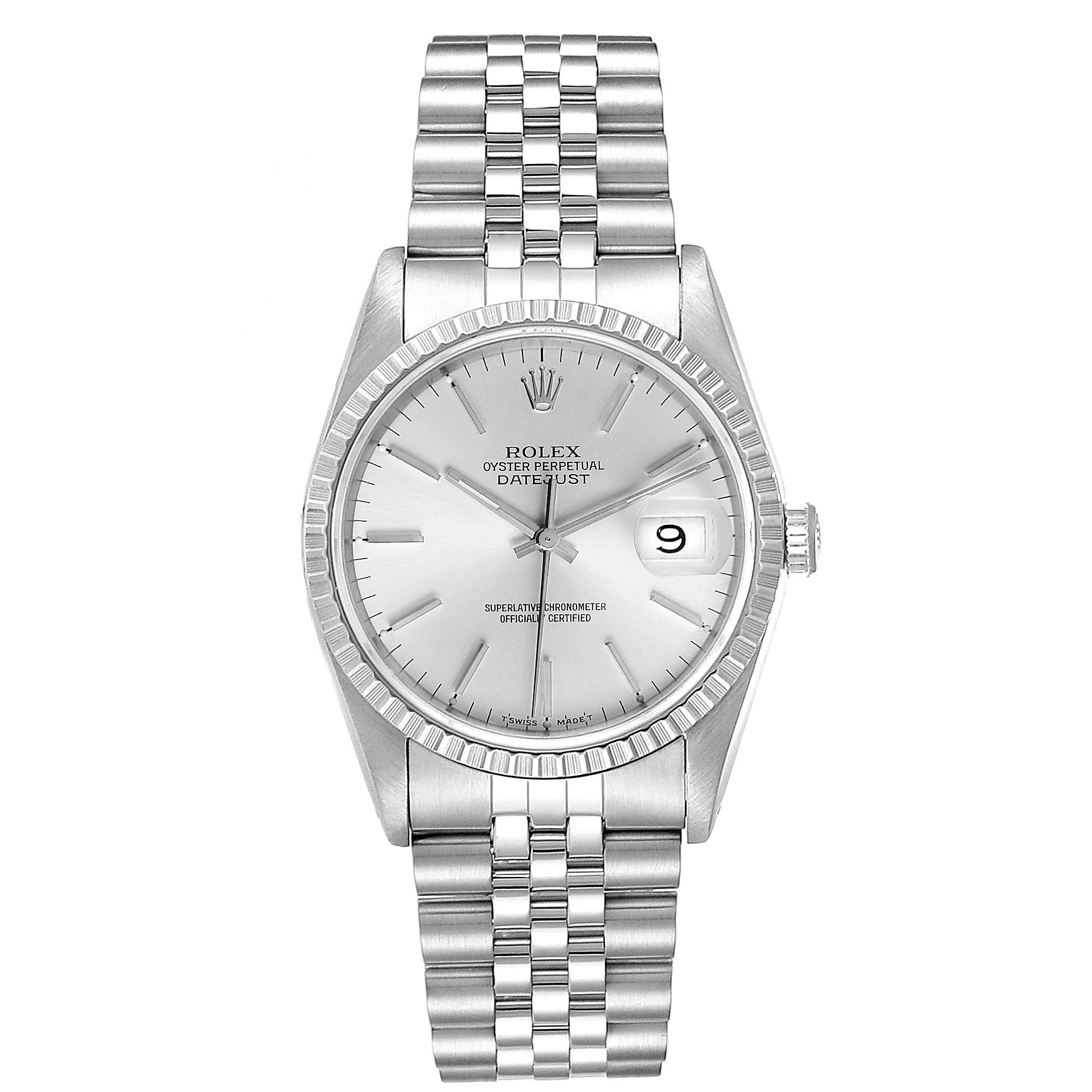 The Rolex Datejust 16220 Men's Stainless Steel Silver Dial 16220 Men's Stainless Steel Silver Dial watch is shown from a front angle, displaying its face, bezel, bracelet, and date window.