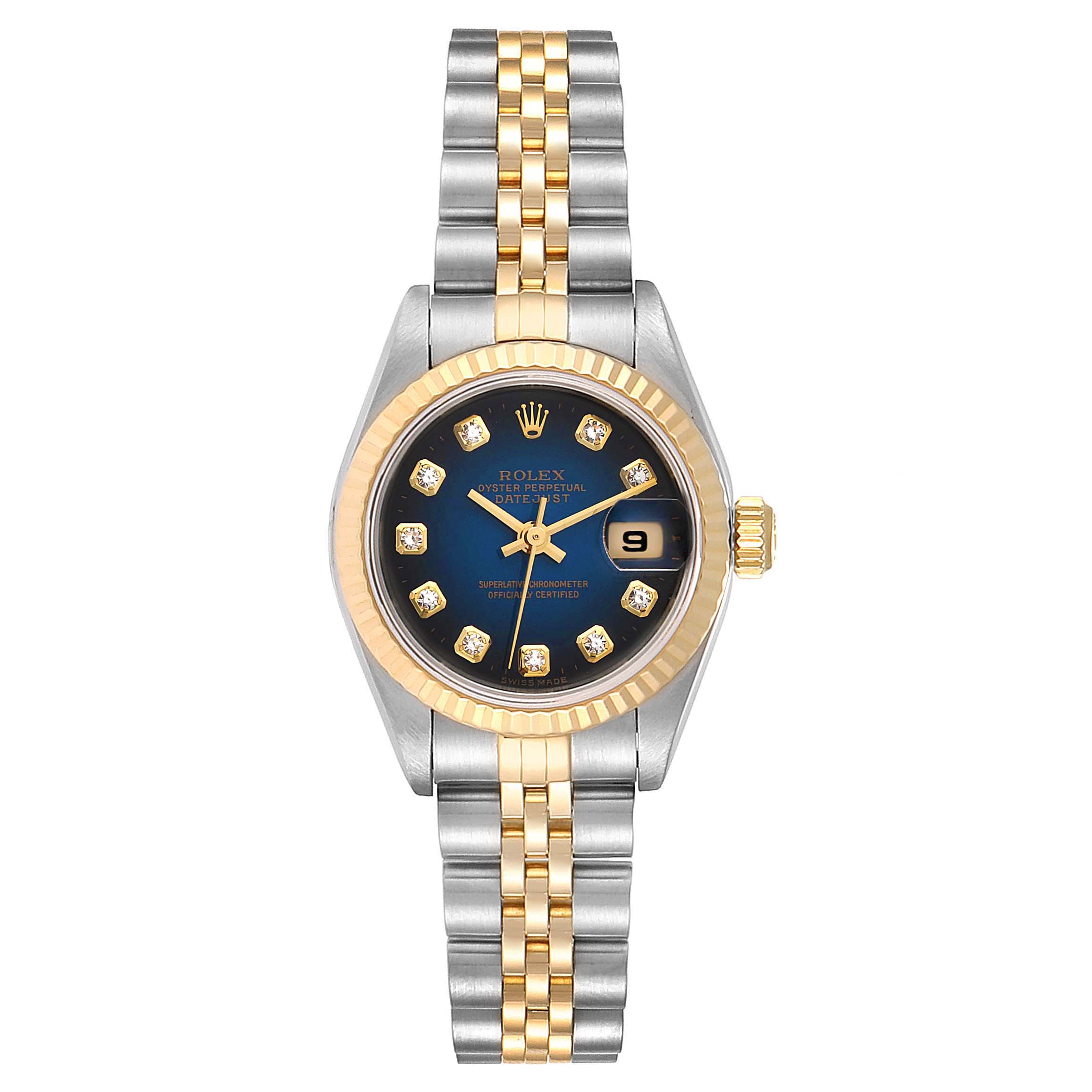 This image shows a frontal view of a Rolex Datejust 79173 Women's Steel and Gold (two tone) Blue Dial 79173 Women's Steel and Gold (two tone) Blue Dial watch, featuring a gold bezel, bracelet, and a dark dial with a date display.