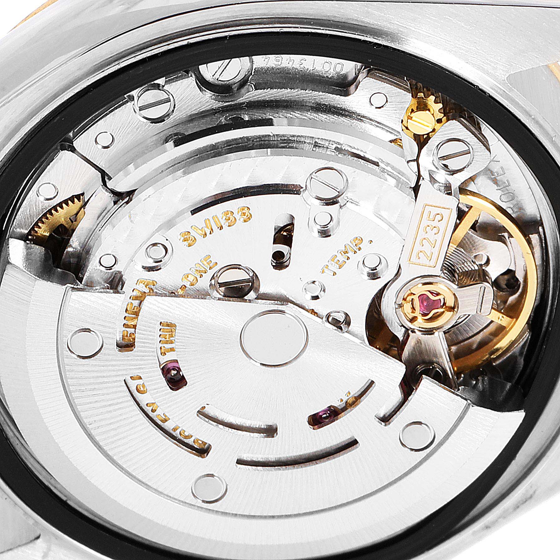 This image shows the internal mechanical movement of the Rolex Datejust 79173 Women's Steel and Gold (two tone) Blue Dial 79173 Women's Steel and Gold (two tone) Blue Dial watch at a close-up angle.