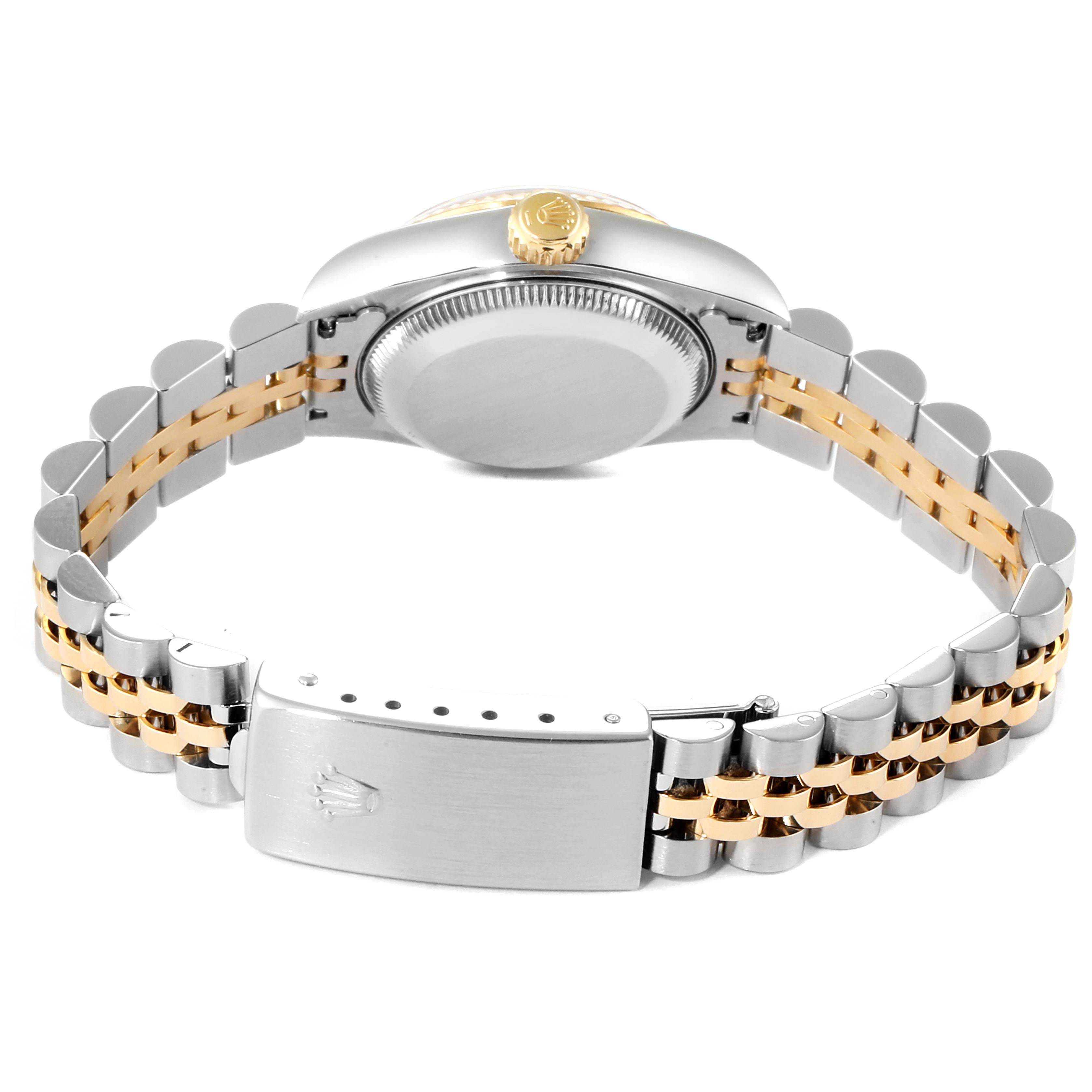 This image shows the backside and clasp of a Rolex Datejust 79173 Women's Steel and Gold (two tone) Blue Dial 79173 Women's Steel and Gold (two tone) Blue Dial watch, highlighting the two-tone metal bracelet.