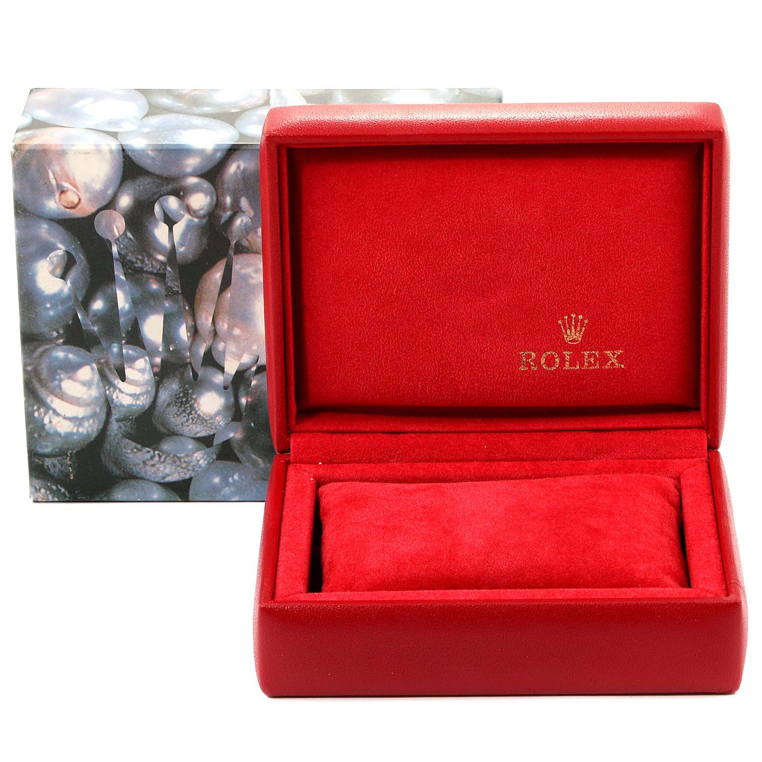 The image shows an open red Rolex watch box for the Datejust model, along with its outer decorative box.