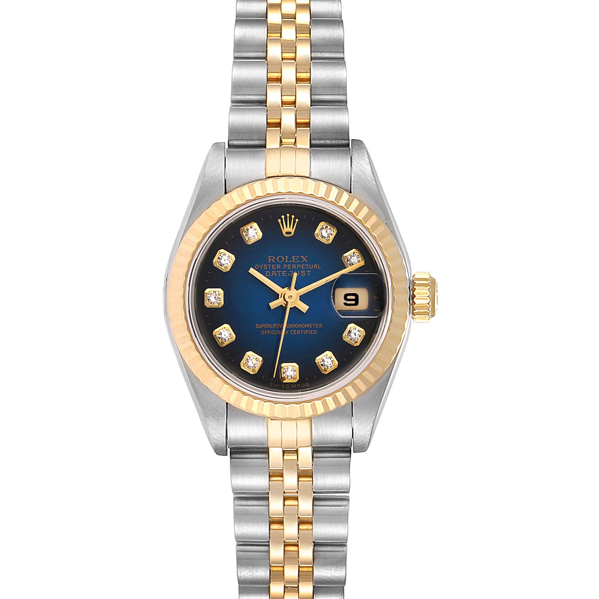 The image shows a Rolex Datejust 79173 Women's Steel and Gold (two tone) Blue Dial 79173 Women's Steel and Gold (two tone) Blue Dial watch from a front view, highlighting the dial, bezel, crown, and bracelet.