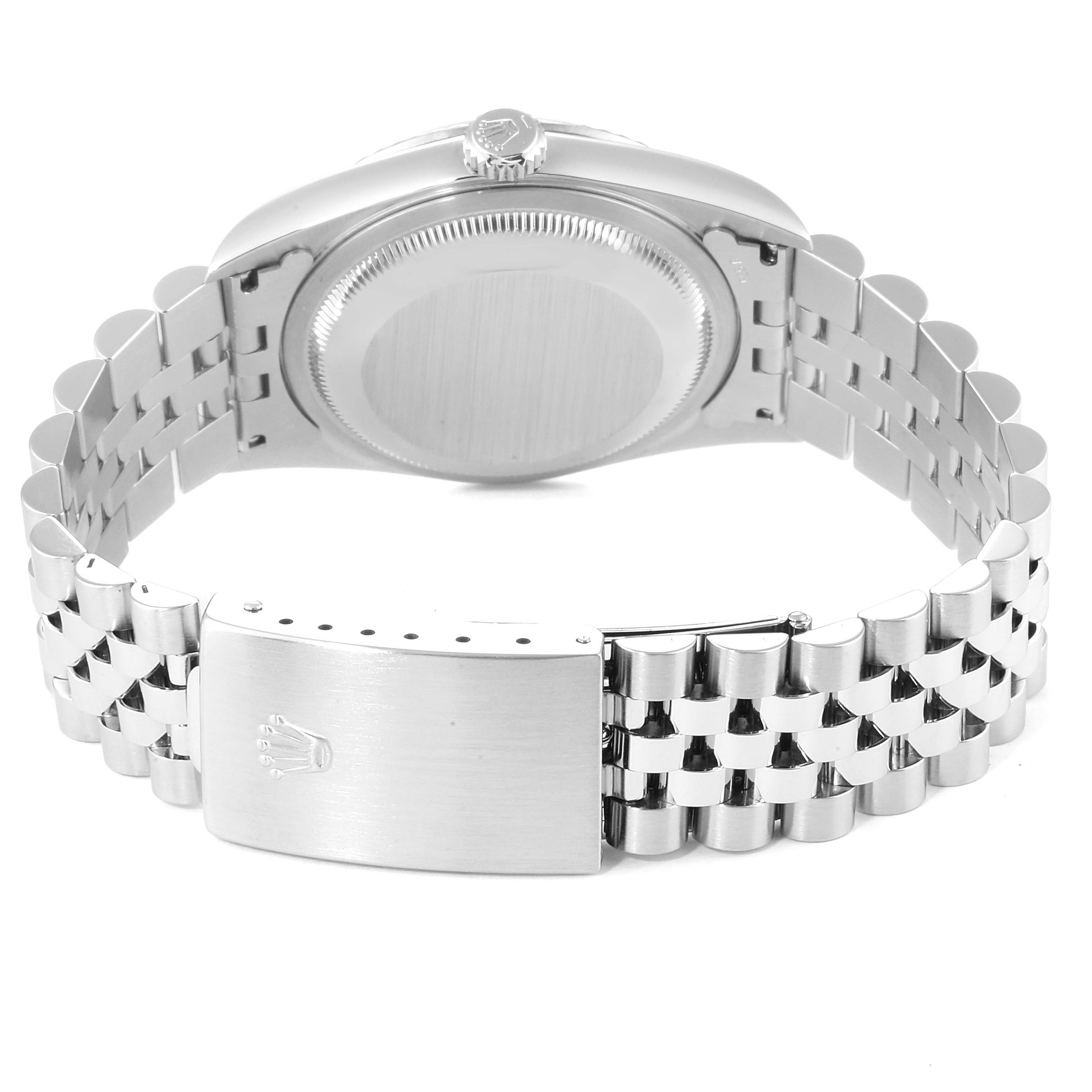 A Rolex Datejust 16234 Men
s Stainless Steel Black Dial 16234 Men
s Stainless Steel Black Dial watch is shown from the rear, featuring the back case and the Jubilee bracelet with the clasp.