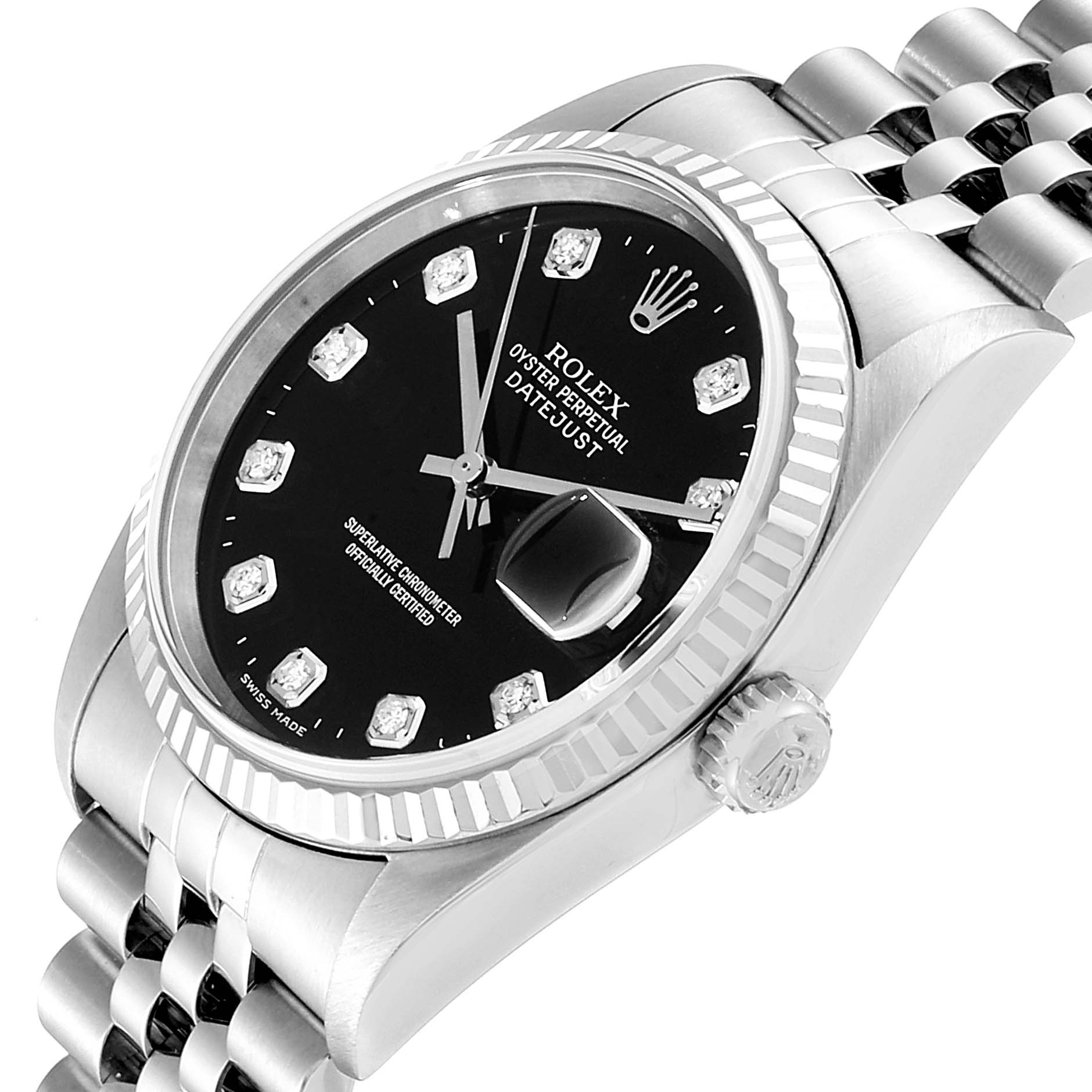 This image shows the Rolex Datejust 16234 Men
s Stainless Steel Black Dial 16234 Men
s Stainless Steel Black Dial watch at a slight angle, highlighting the black dial, diamond hour markers, bezel, and crown.