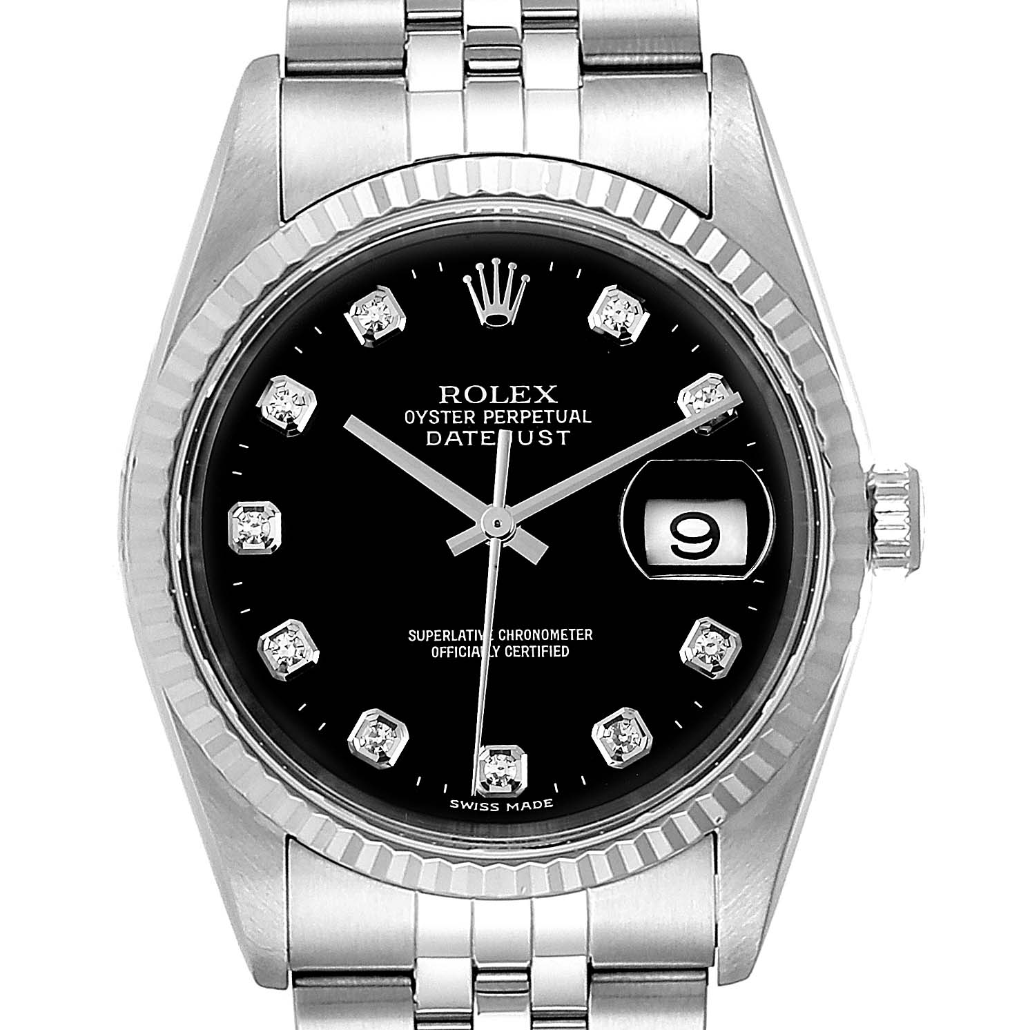 The image shows a front view of the Rolex Datejust 16234 Men
s Stainless Steel Black Dial 16234 Men
s Stainless Steel Black Dial watch, highlighting the dial, bezel, and portion of the bracelet.