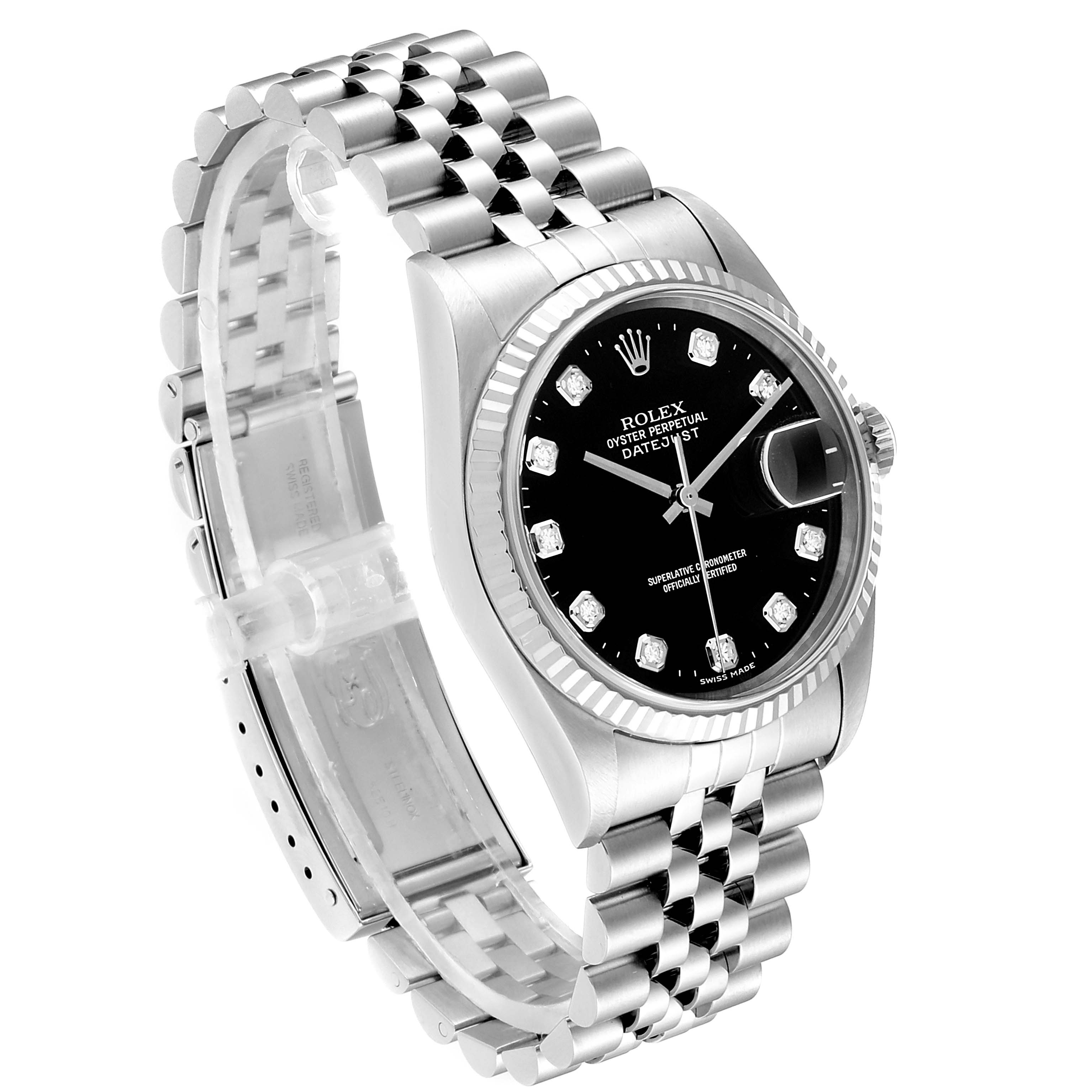 The image shows the Rolex Datejust 16234 Men
s Stainless Steel Black Dial 16234 Men
s Stainless Steel Black Dial watch from a three-quarter angle, displaying its dial, fluted bezel, and Jubilee bracelet.