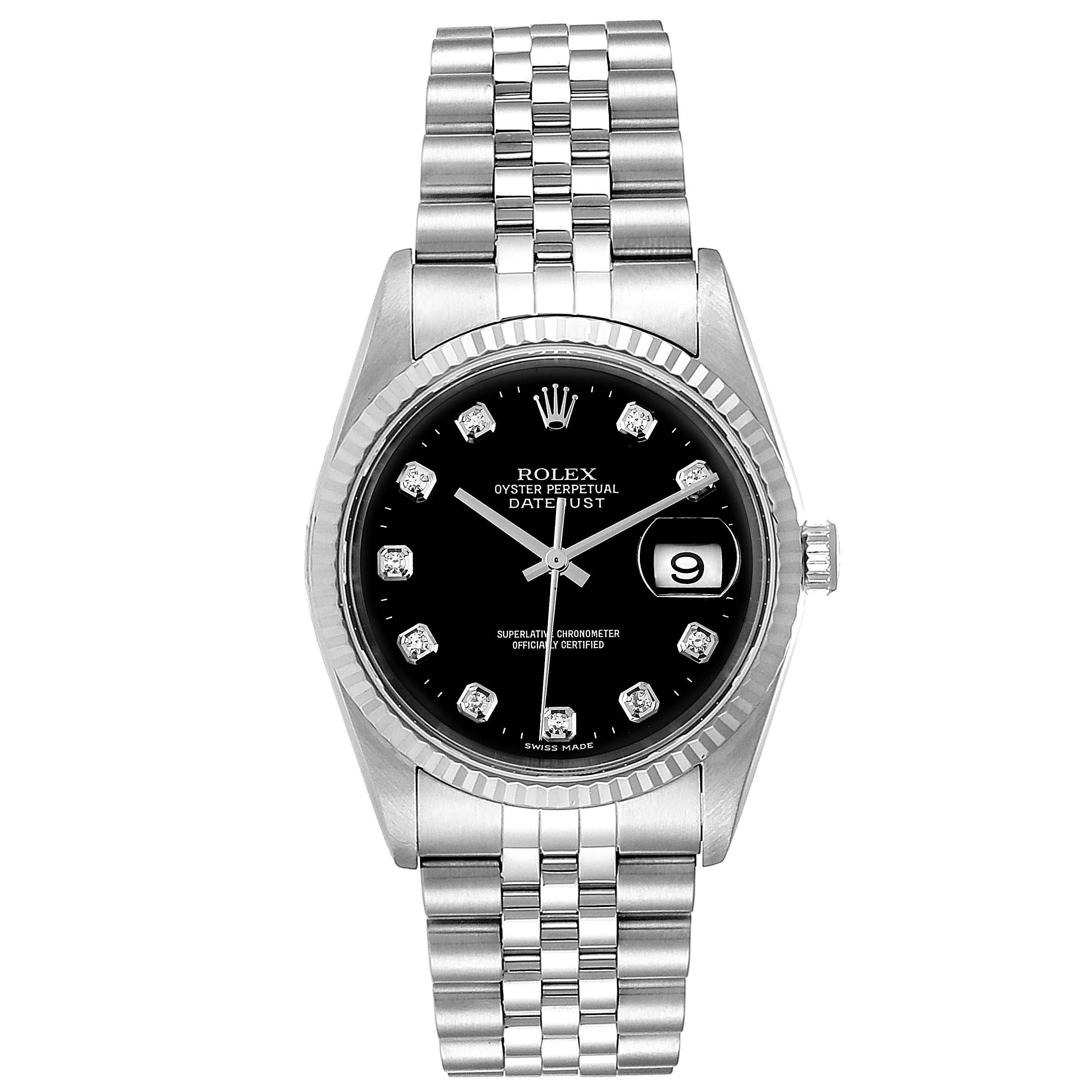 This is a head-on view of the Rolex Datejust 16234 Men
s Stainless Steel Black Dial 16234 Men
s Stainless Steel Black Dial, showing its black dial, diamond hour markers, date window, and Jubilee bracelet.