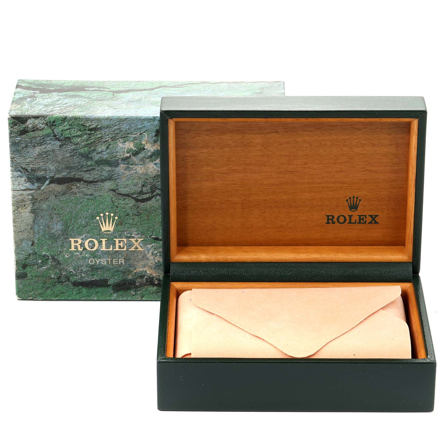 The image displays an open Rolex Datejust 16234 Men
s Stainless Steel Black Dial 16234 Men
s Stainless Steel Black Dial watch box, showing a wooden interior with a protective cover inside.