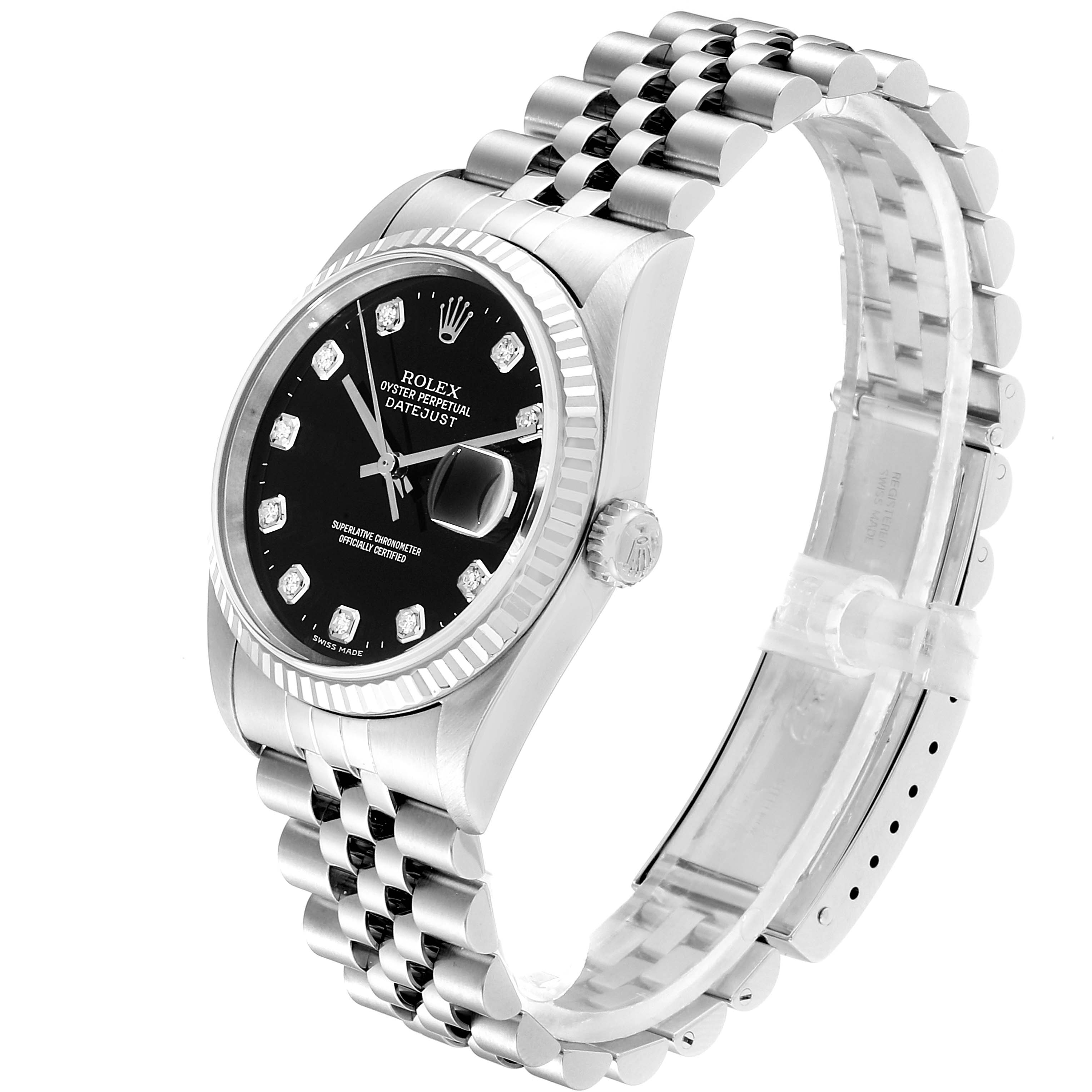 The Rolex Datejust 16234 Men
s Stainless Steel Black Dial 16234 Men
s Stainless Steel Black Dial watch is shown at an angled side view, featuring its black dial, fluted bezel, and jubilee bracelet.