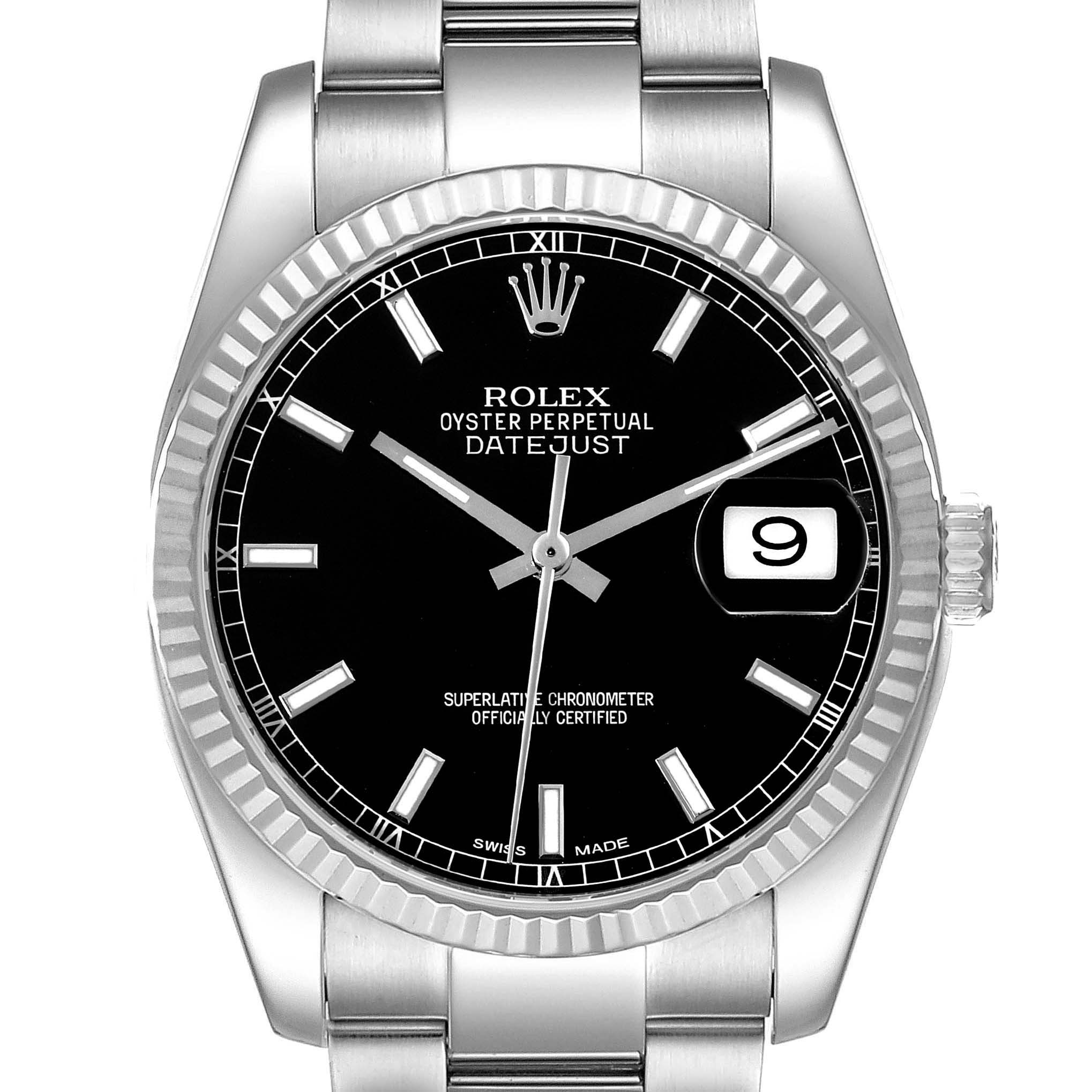 The image shows a front view of a Rolex Datejust 116234 Men's Stainless Steel Black Dial 116234 Men's Stainless Steel Black Dial watch, showcasing its black dial, fluted bezel, and bracelet.