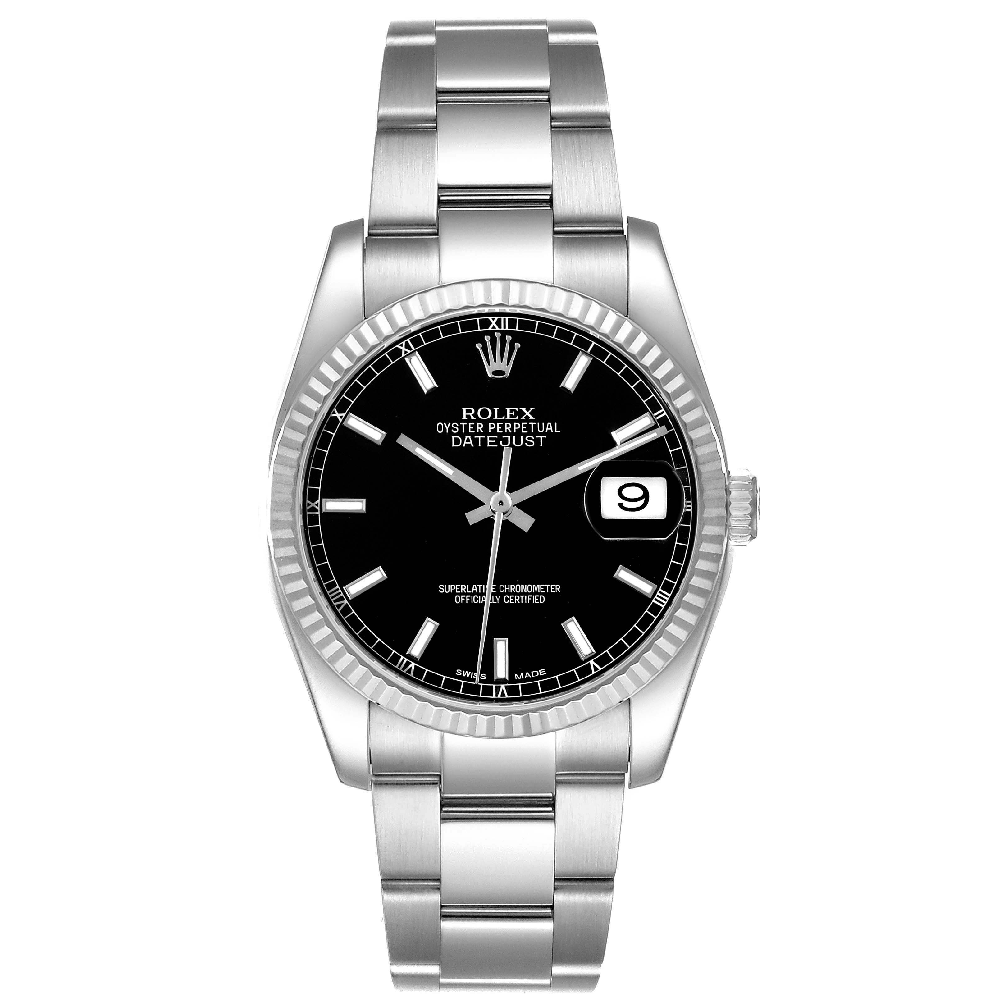 This image shows a frontal view of the Rolex Datejust 116234 Men's Stainless Steel Black Dial 116234 Men's Stainless Steel Black Dial watch, displaying its black dial, fluted bezel, and stainless steel bracelet.
