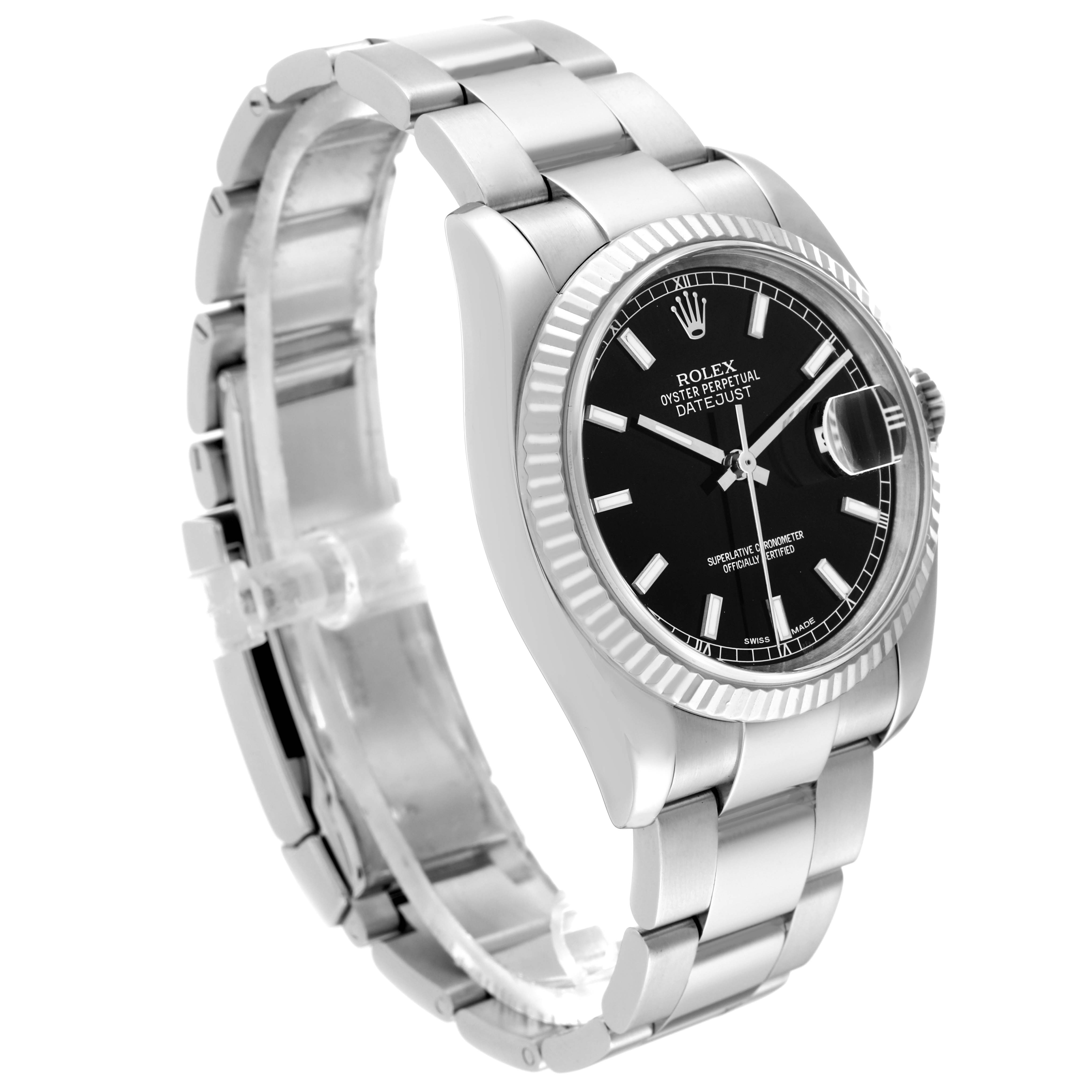 The image shows a side angle of a Rolex Datejust 116234 Men's Stainless Steel Black Dial 116234 Men's Stainless Steel Black Dial watch, highlighting its bracelet, case, and black dial with a date window.