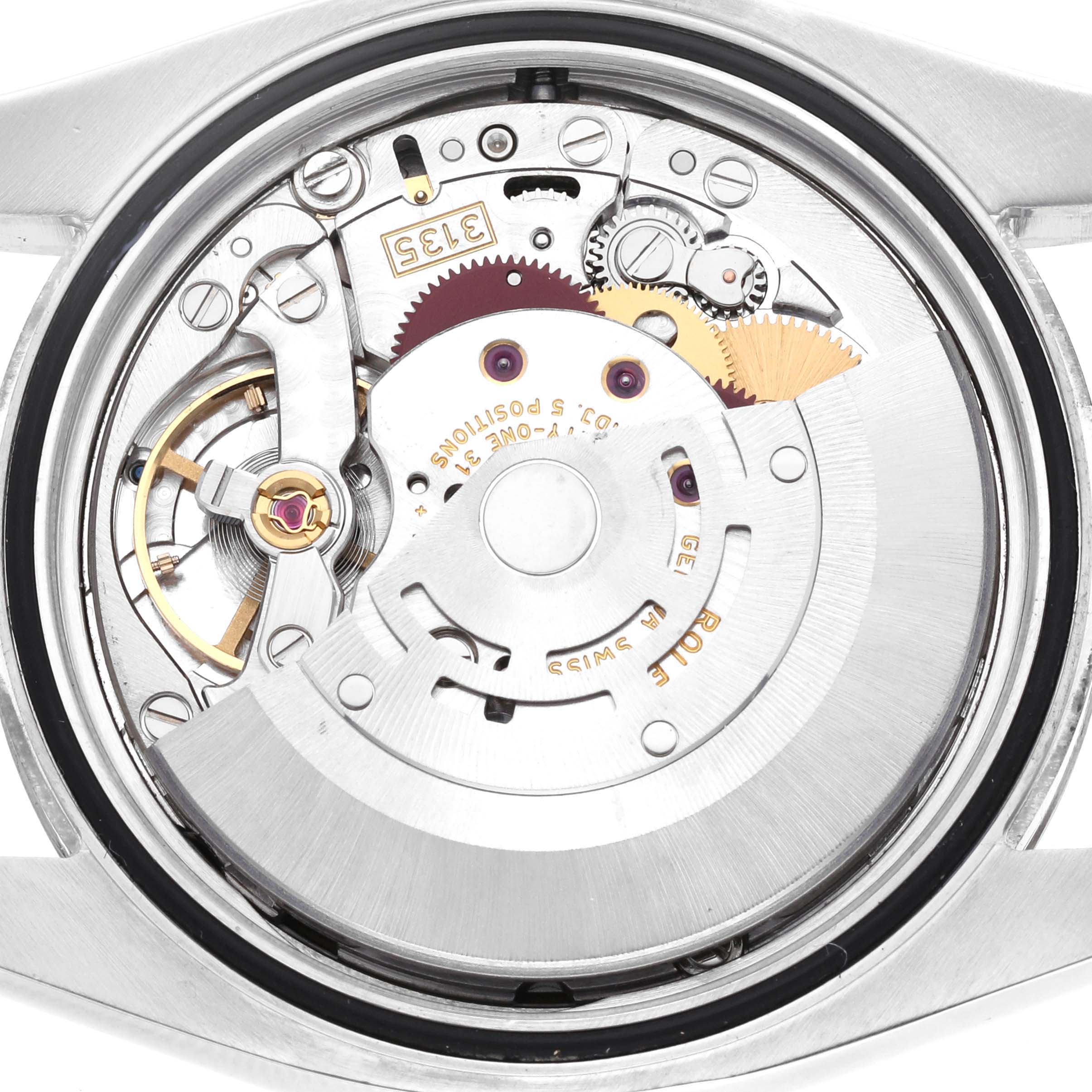 This image shows the internal mechanism of a Rolex Datejust 116234 Men's Stainless Steel Black Dial 116234 Men's Stainless Steel Black Dial watch from a back view.