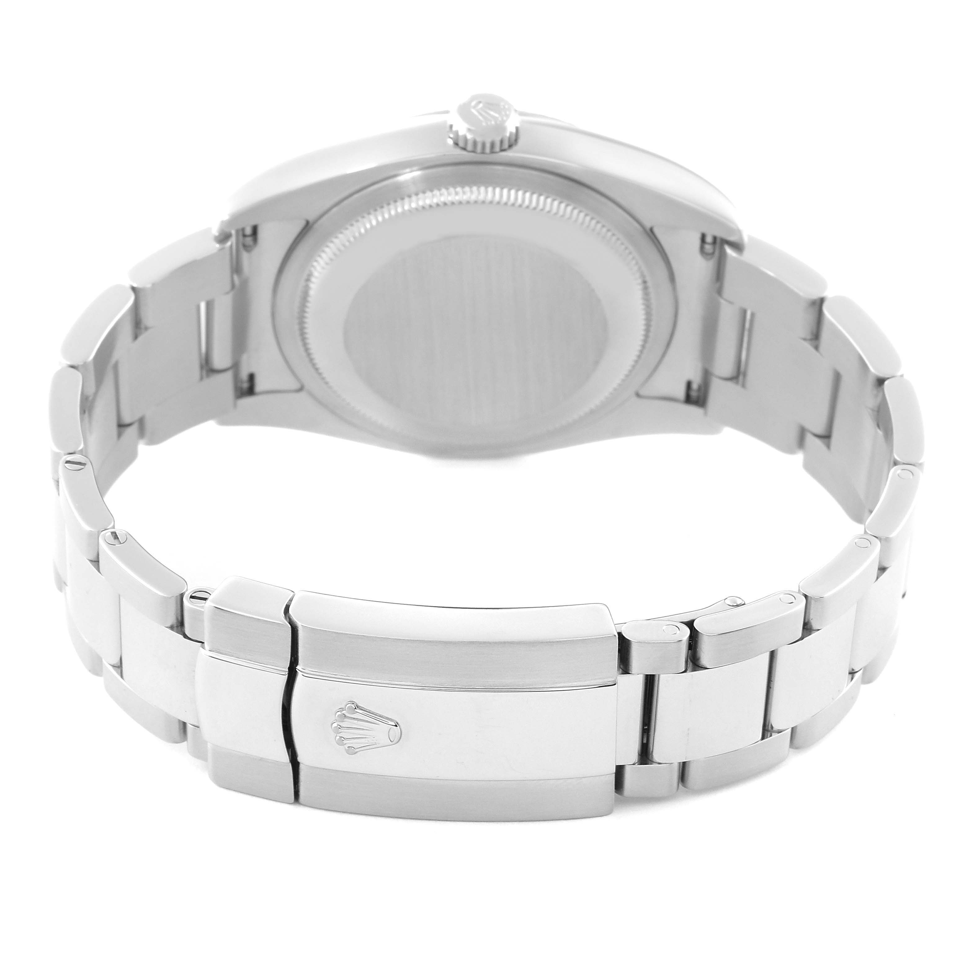 The image shows the back view of a Rolex Datejust 116234 Men's Stainless Steel Black Dial 116234 Men's Stainless Steel Black Dial watch, highlighting the caseback and bracelet clasp with the Rolex logo.