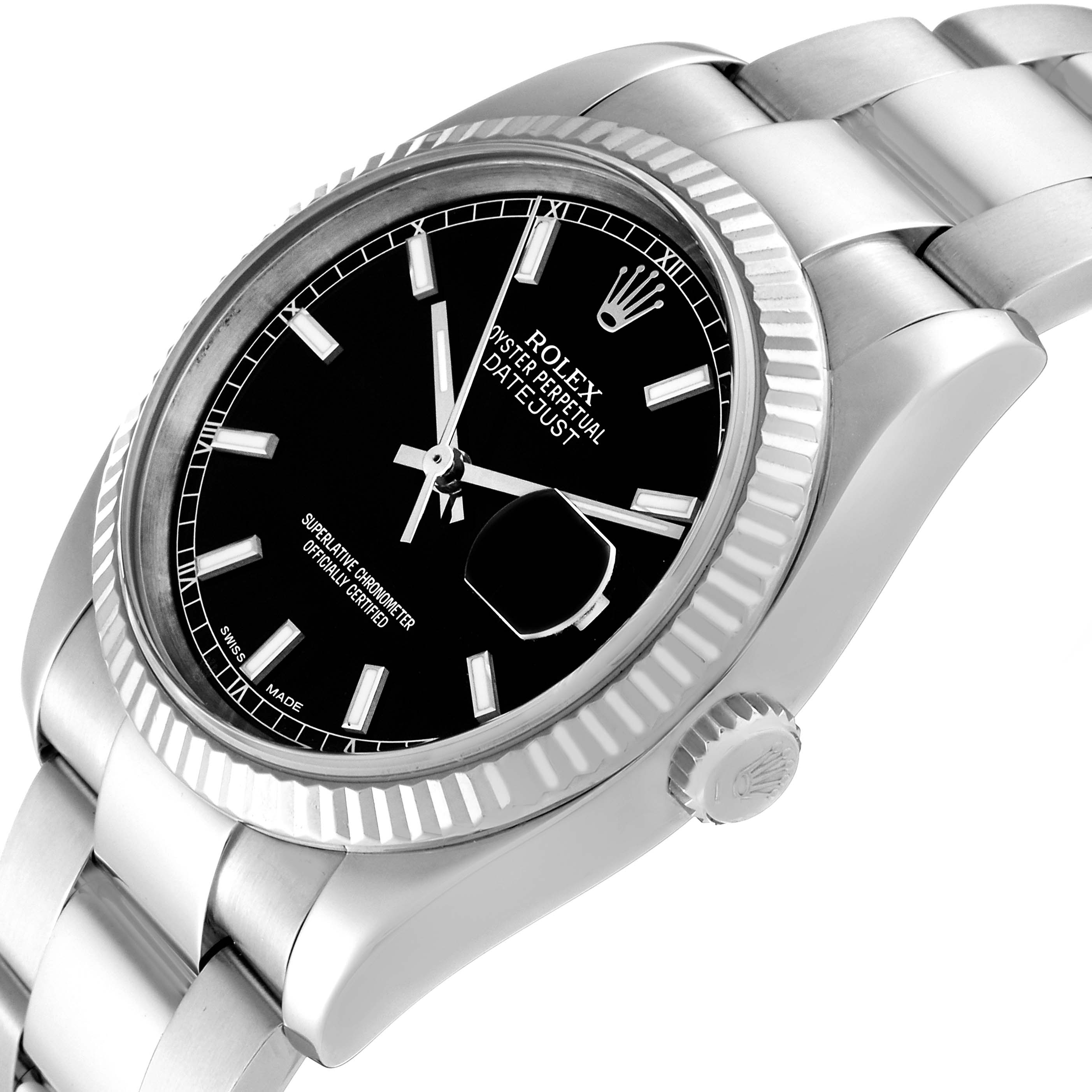 The image shows a Rolex Datejust 116234 Men's Stainless Steel Black Dial 116234 Men's Stainless Steel Black Dial watch at a slight angle, highlighting its dial, fluted bezel, and part of the bracelet.