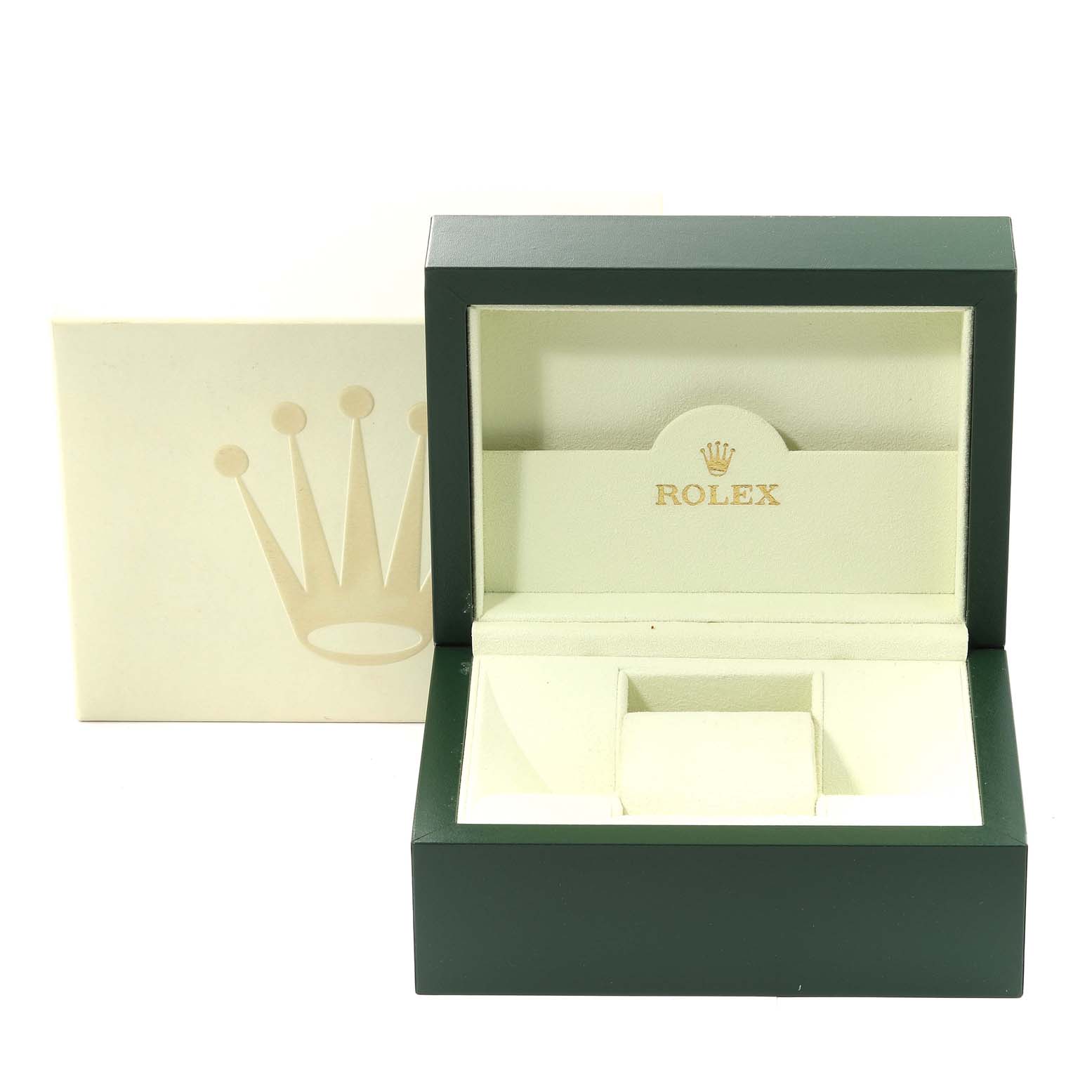 The image shows an open green Rolex Datejust 116234 Men's Stainless Steel Black Dial 116234 Men's Stainless Steel Black Dial watch box with a beige interior and the Rolex logo inside.