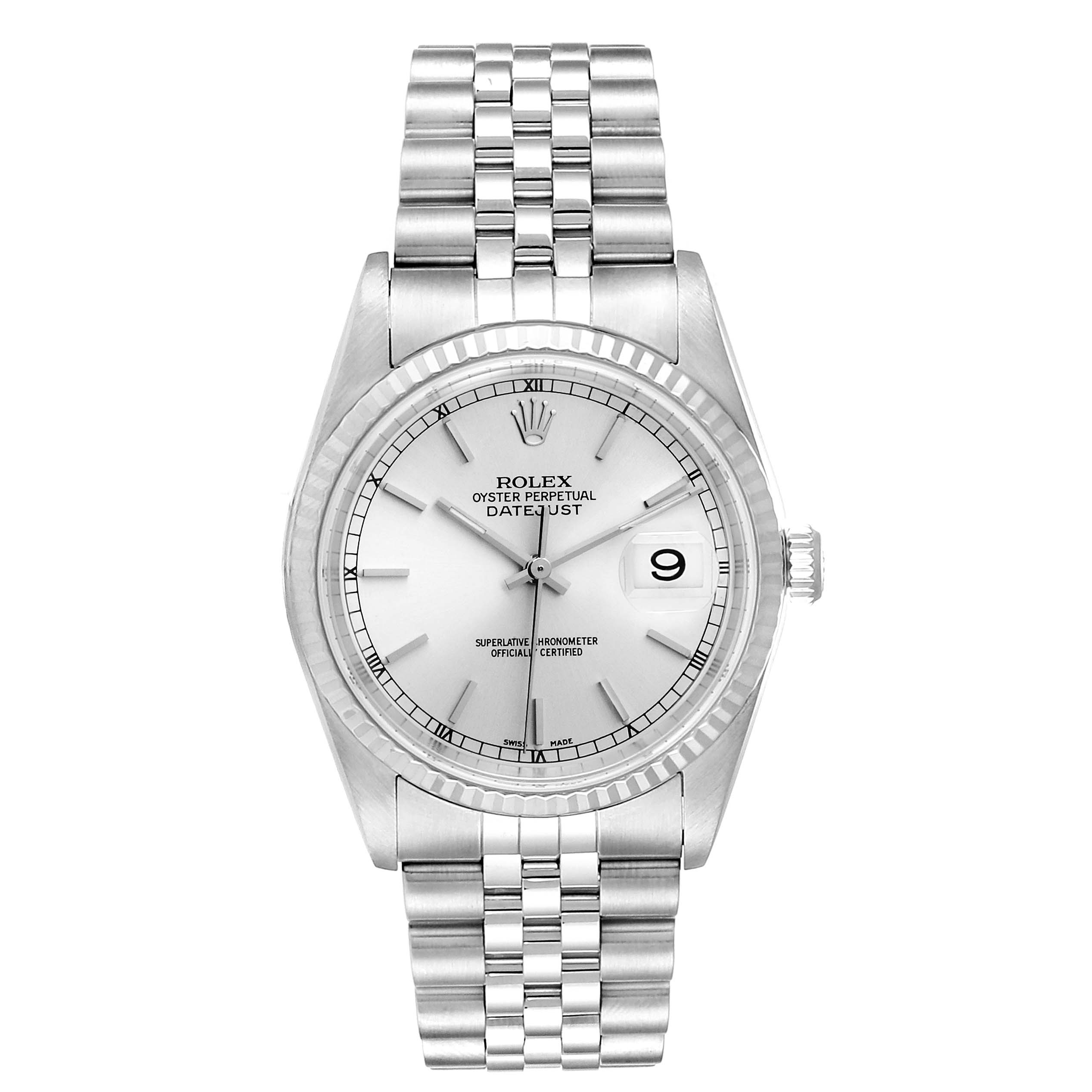 The image shows a front view of a Rolex Datejust 16234 Men's Stainless Steel Silver Dial 16234 Men's Stainless Steel Silver Dial watch, highlighting its dial, bezel, crown, and bracelet.