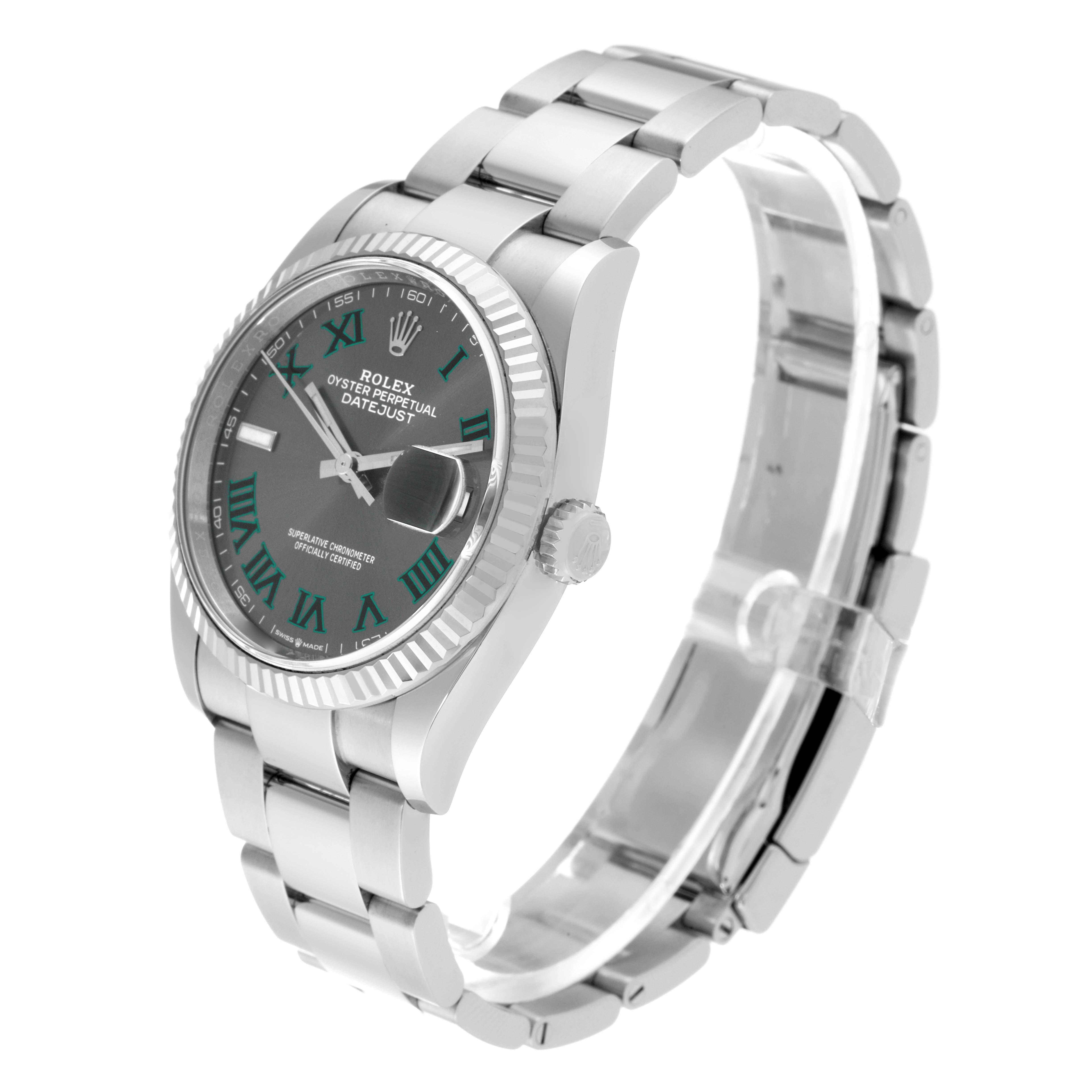 The Rolex Datejust 126234 Men's Stainless Steel Grey Dial 126234 Men's Stainless Steel Grey Dial watch is shown at a slight angle, displaying the dial, bezel, crown, and bracelet.