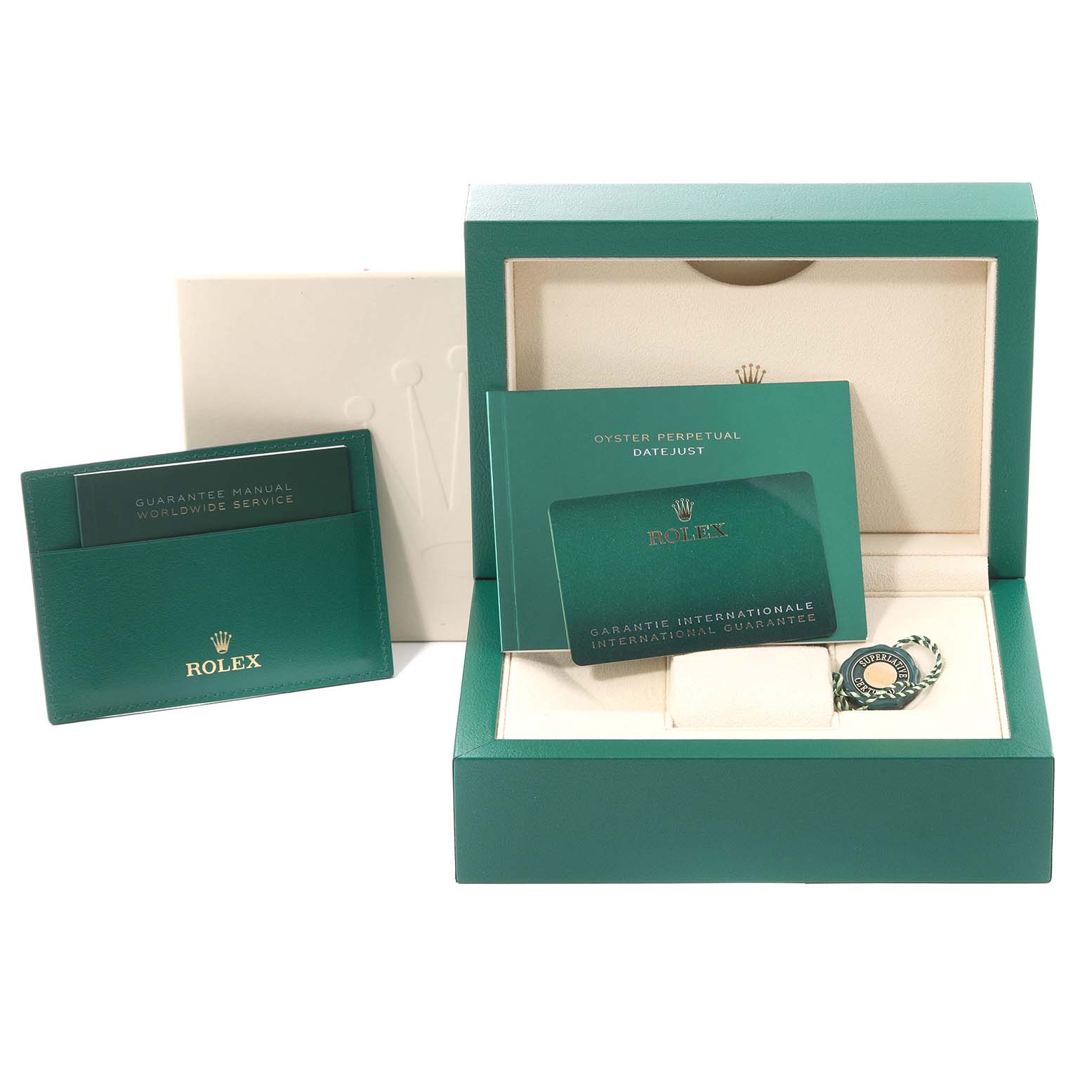 The image shows the packaging, warranty card, manuals, and tags for a Rolex Datejust 126234 Men's Stainless Steel Grey Dial 126234 Men's Stainless Steel Grey Dial model watch.