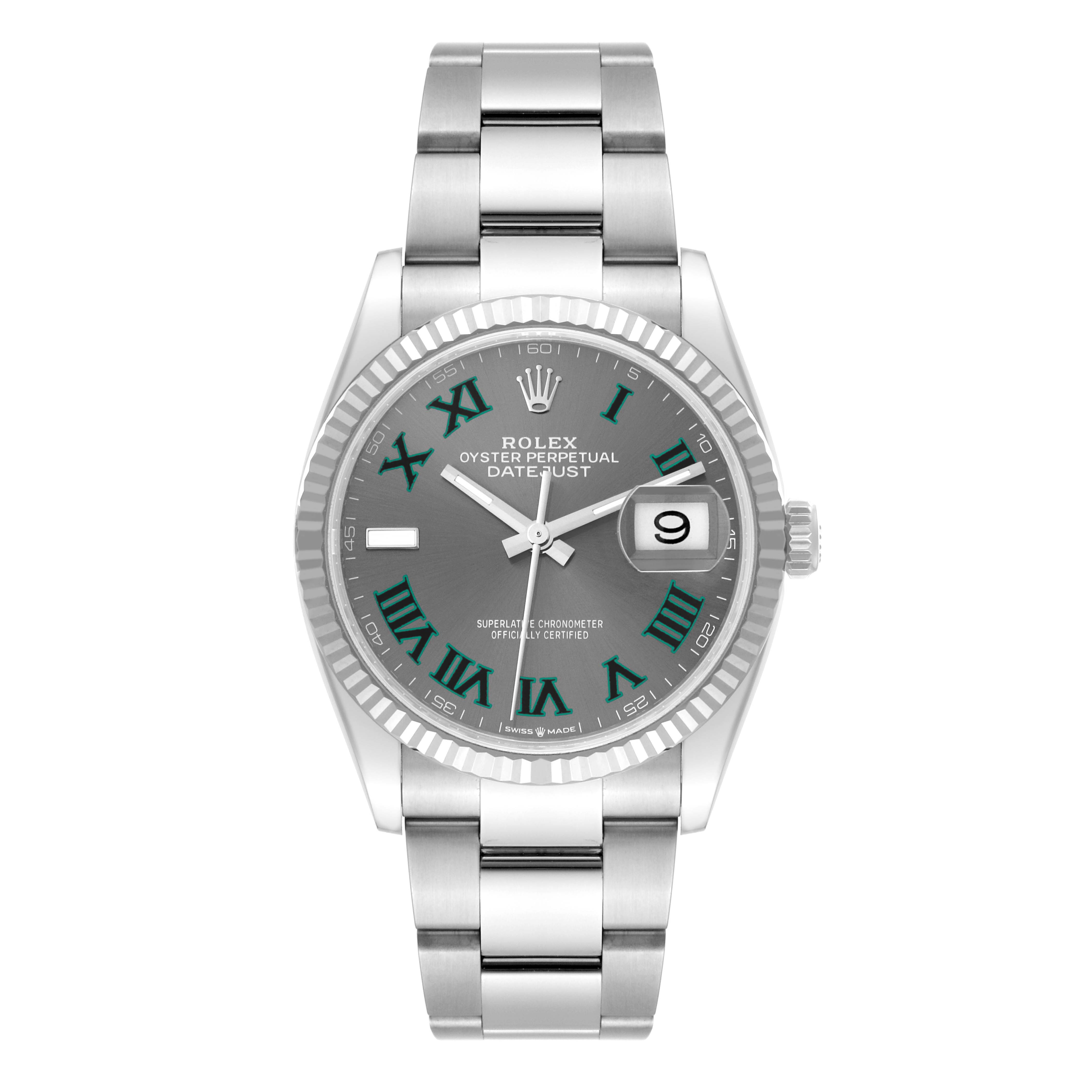 The image shows a front view of a Rolex Datejust 126234 Men's Stainless Steel Grey Dial 126234 Men's Stainless Steel Grey Dial watch, displaying the face, bracelet, bezel, and crown.
