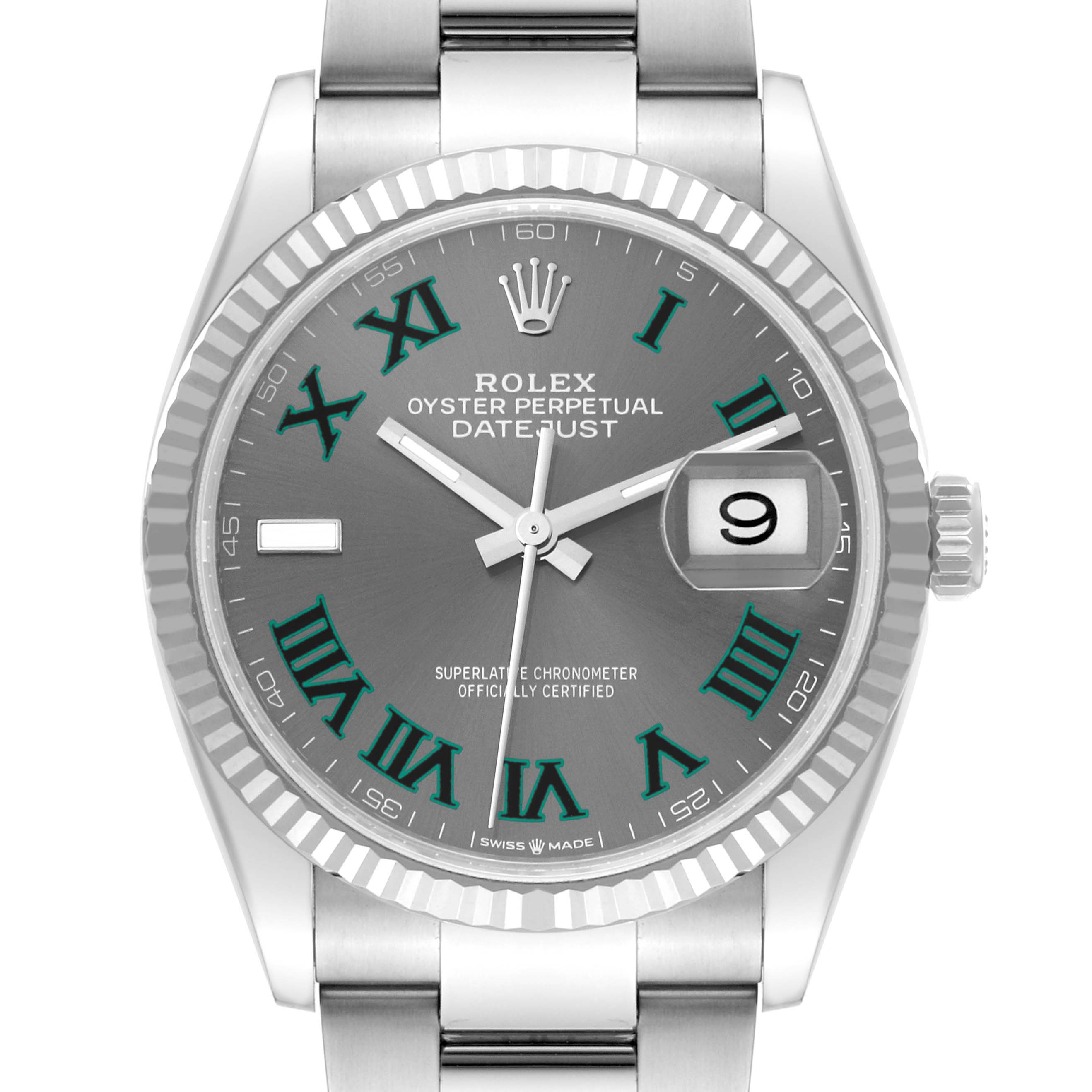 The image shows a close-up view of the Rolex Datejust 126234 Men's Stainless Steel Grey Dial 126234 Men's Stainless Steel Grey Dial watch's face, including the dial, hands, bezel, date window, and part of the bracelet.