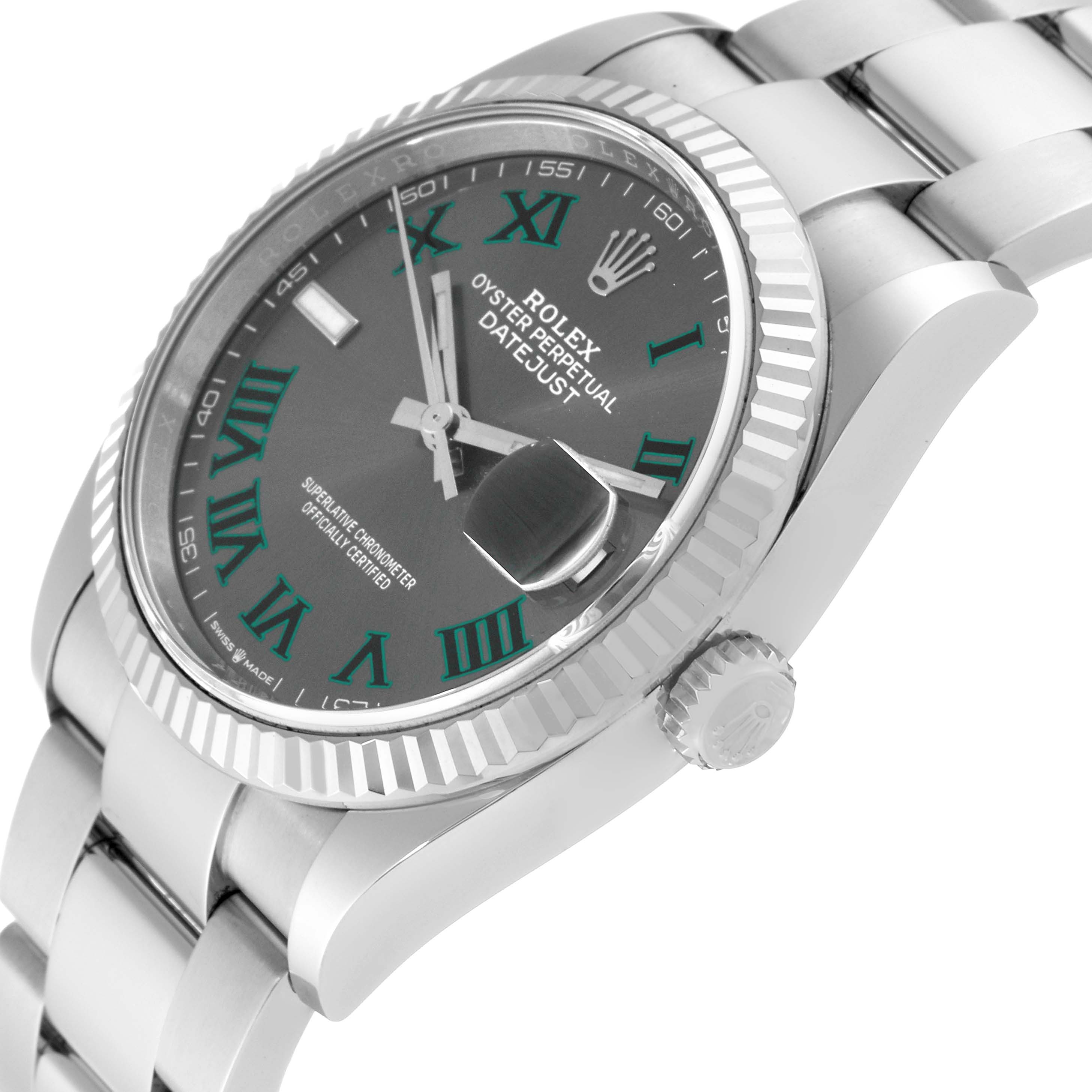 The image shows a close-up, angled view of a Rolex Datejust 126234 Men's Stainless Steel Grey Dial 126234 Men's Stainless Steel Grey Dial watch showcasing the bezel, dial, and part of the bracelet.