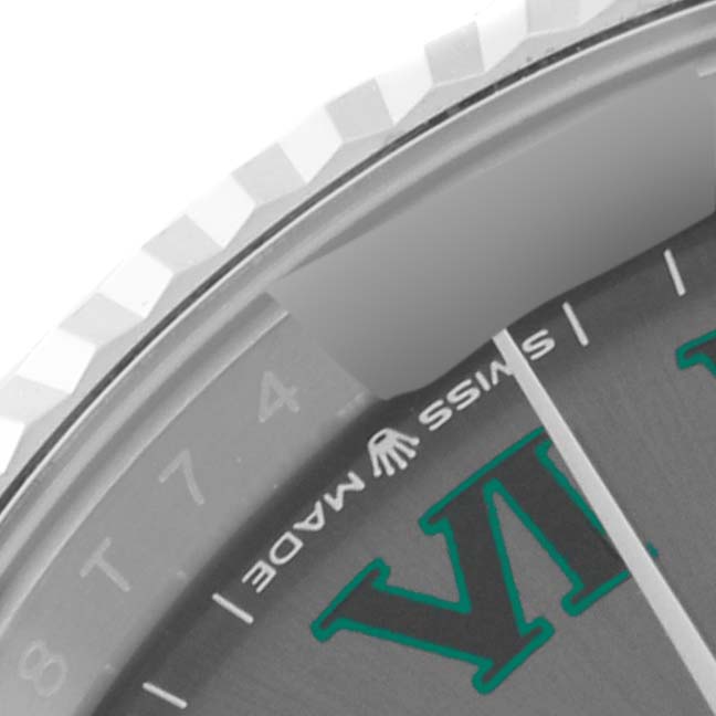The image shows a close-up of the dial, bezel, and part of the hands of a Rolex Datejust 126234 Men's Stainless Steel Grey Dial 126234 Men's Stainless Steel Grey Dial watch.