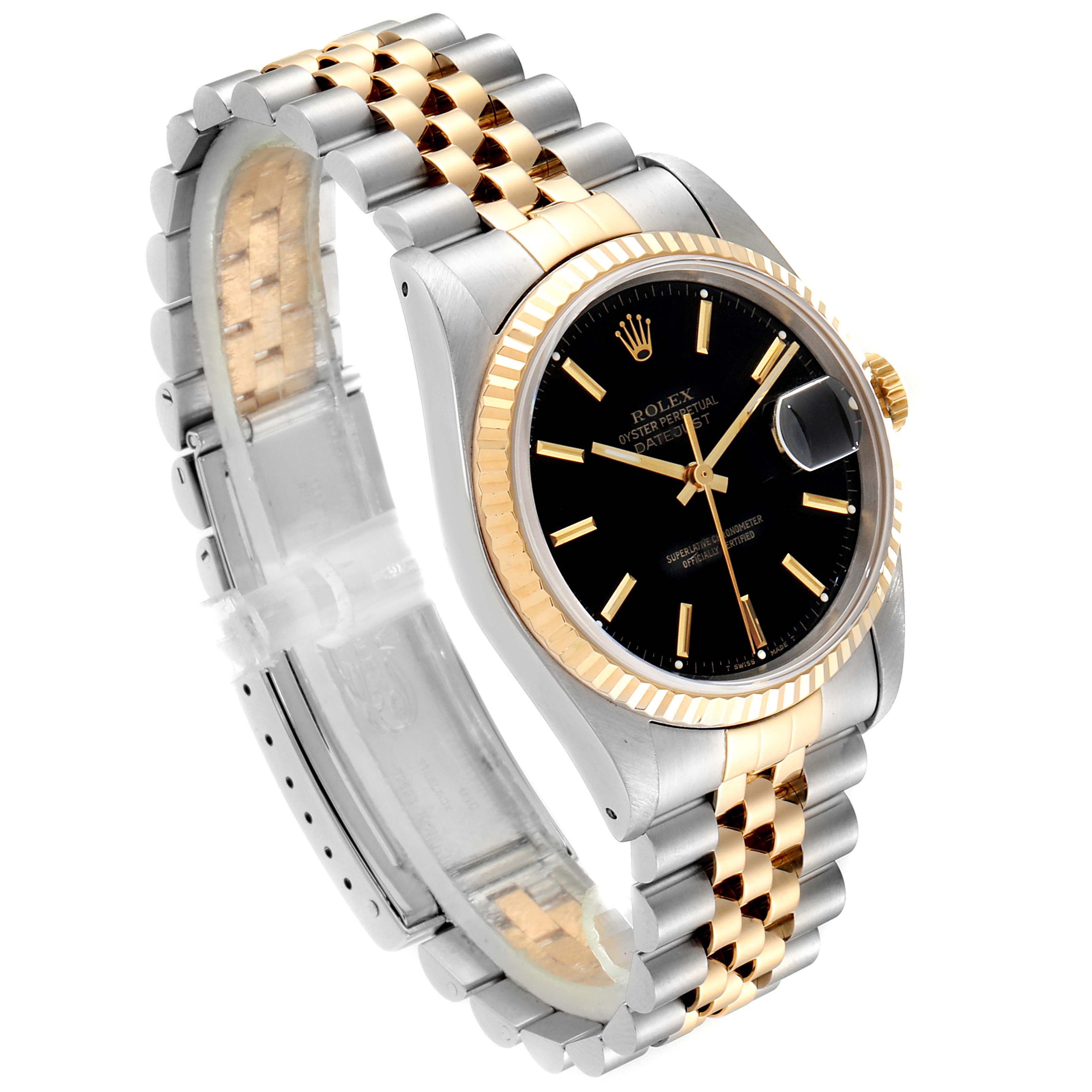 The image shows a Rolex Datejust 16233 Men's Steel and Gold (two tone) Black Dial 16233 Men's Steel and Gold (two tone) Black Dial watch from a front angle, highlighting the black dial, gold and silver bracelet, and fluted bezel.