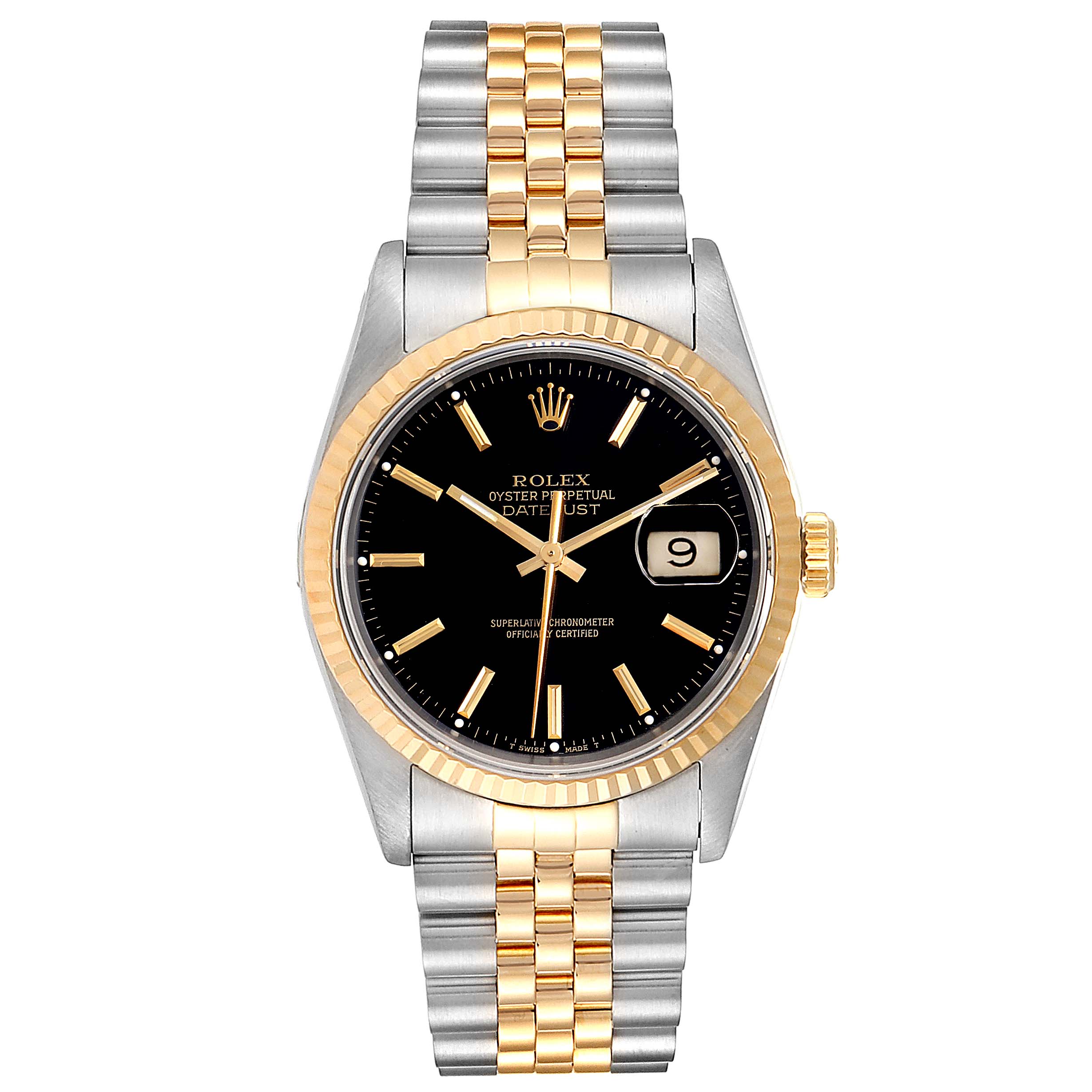 The image shows a Rolex Datejust 16233 Men's Steel and Gold (two tone) Black Dial 16233 Men's Steel and Gold (two tone) Black Dial watch from a front angle, highlighting the black dial, date window, and two-tone bracelet.