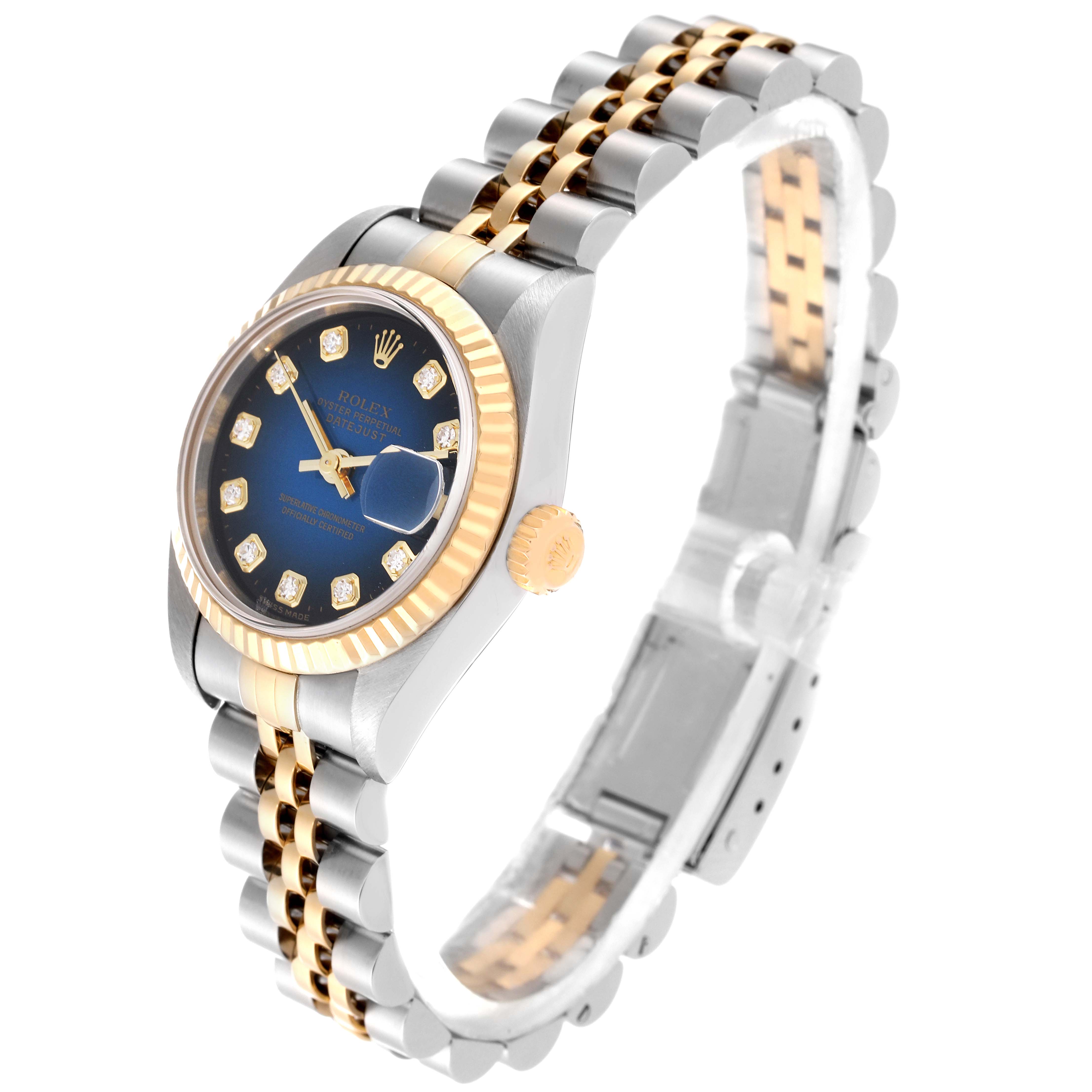 The Rolex Datejust 79173 Women's Steel and Gold (two tone) Blue Dial 79173 Women's Steel and Gold (two tone) Blue Dial watch is shown at an angle highlighting the bezel, dial, crown, and two-tone bracelet.