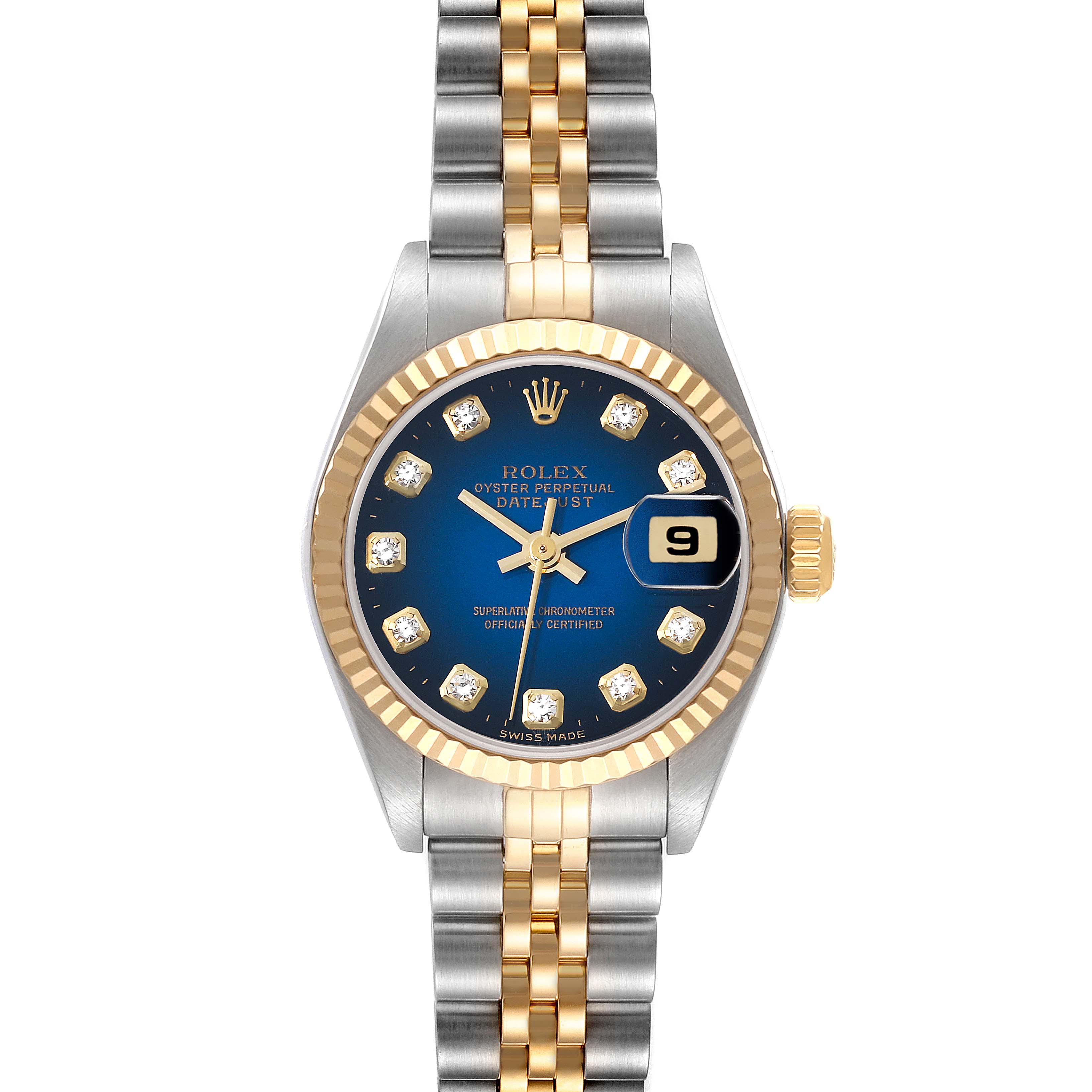 This image shows a Rolex Datejust 79173 Women's Steel and Gold (two tone) Blue Dial 79173 Women's Steel and Gold (two tone) Blue Dial watch viewed from the front, featuring a two-tone bracelet and a blue dial.