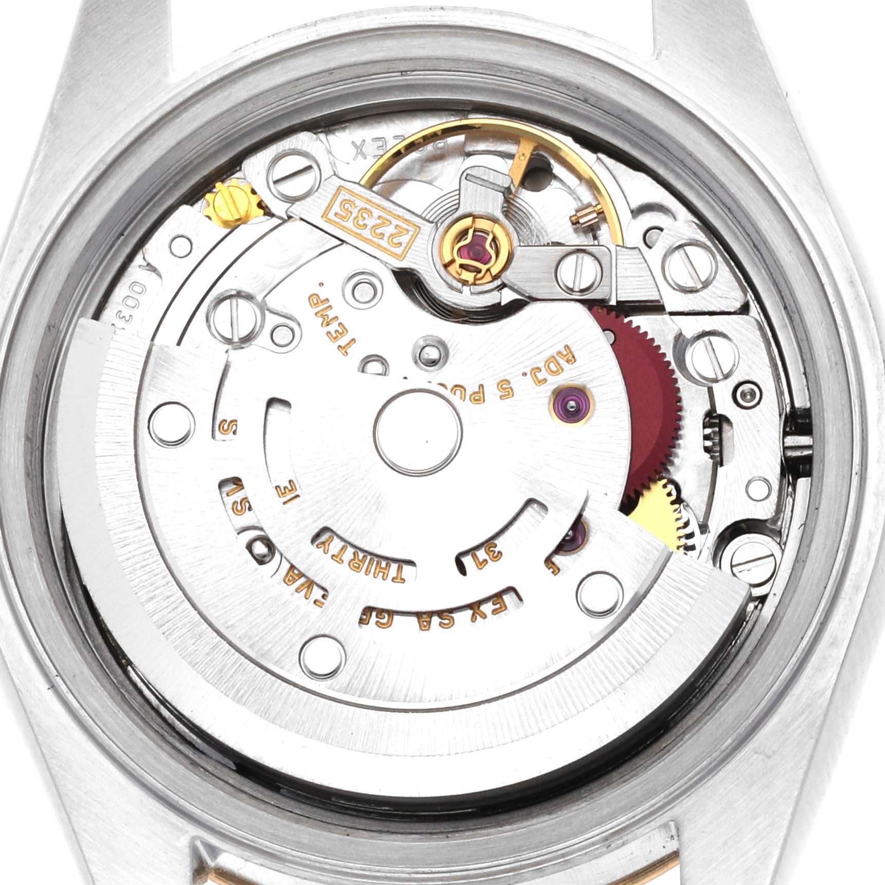 The image shows the interior mechanical movement of a Rolex Datejust 79173 Women's Steel and Gold (two tone) Blue Dial 79173 Women's Steel and Gold (two tone) Blue Dial watch viewed from the back.