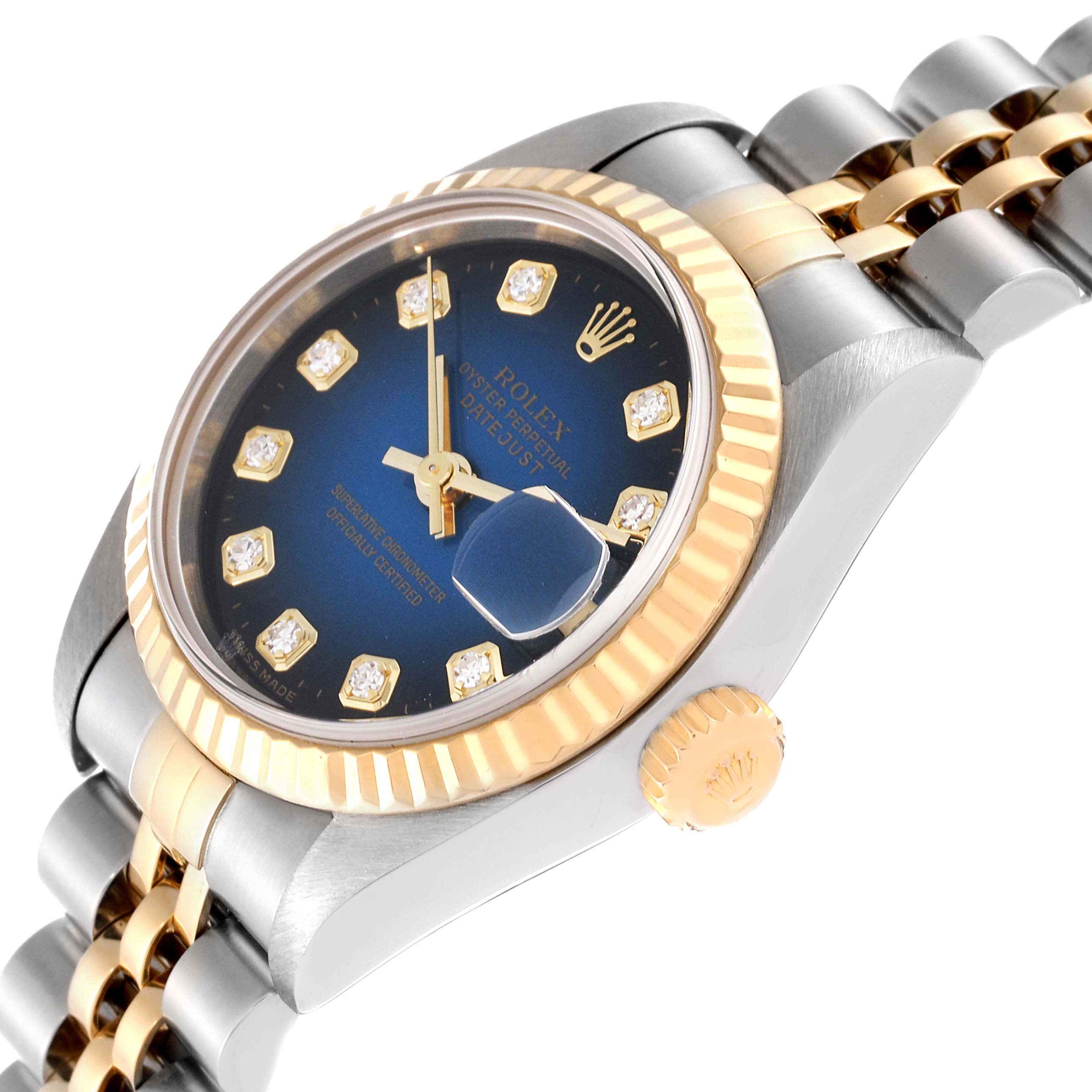 The image shows a close-up angle of the Rolex Datejust 79173 Women's Steel and Gold (two tone) Blue Dial 79173 Women's Steel and Gold (two tone) Blue Dial watch, highlighting its blue dial, diamond hour markers, and two-tone bracelet.