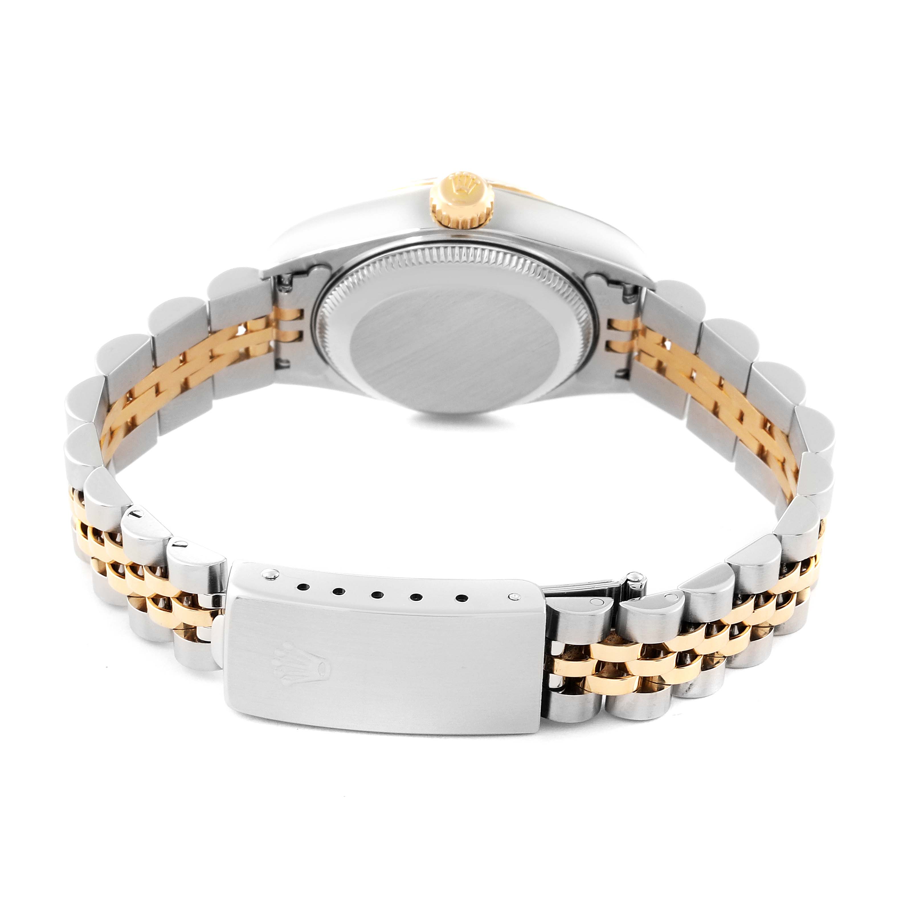 This image shows the back case and bracelet clasp of a Rolex Datejust 79173 Women's Steel and Gold (two tone) Blue Dial 79173 Women's Steel and Gold (two tone) Blue Dial watch at a rear angle.