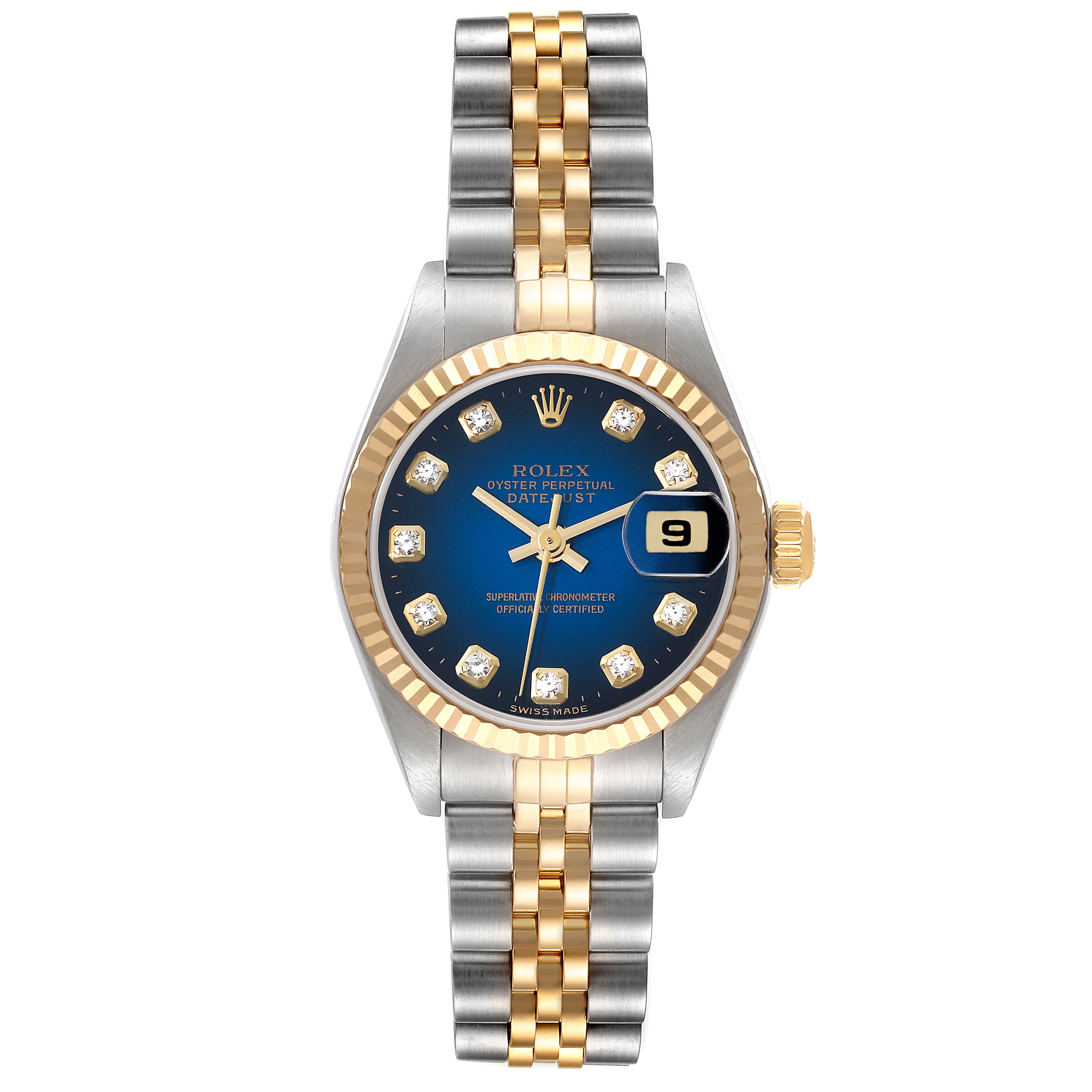 This Rolex Datejust 79173 Women's Steel and Gold (two tone) Blue Dial 79173 Women's Steel and Gold (two tone) Blue Dial watch is shown from a top-down angle, highlighting its blue dial, gold accents, and two-tone bracelet.