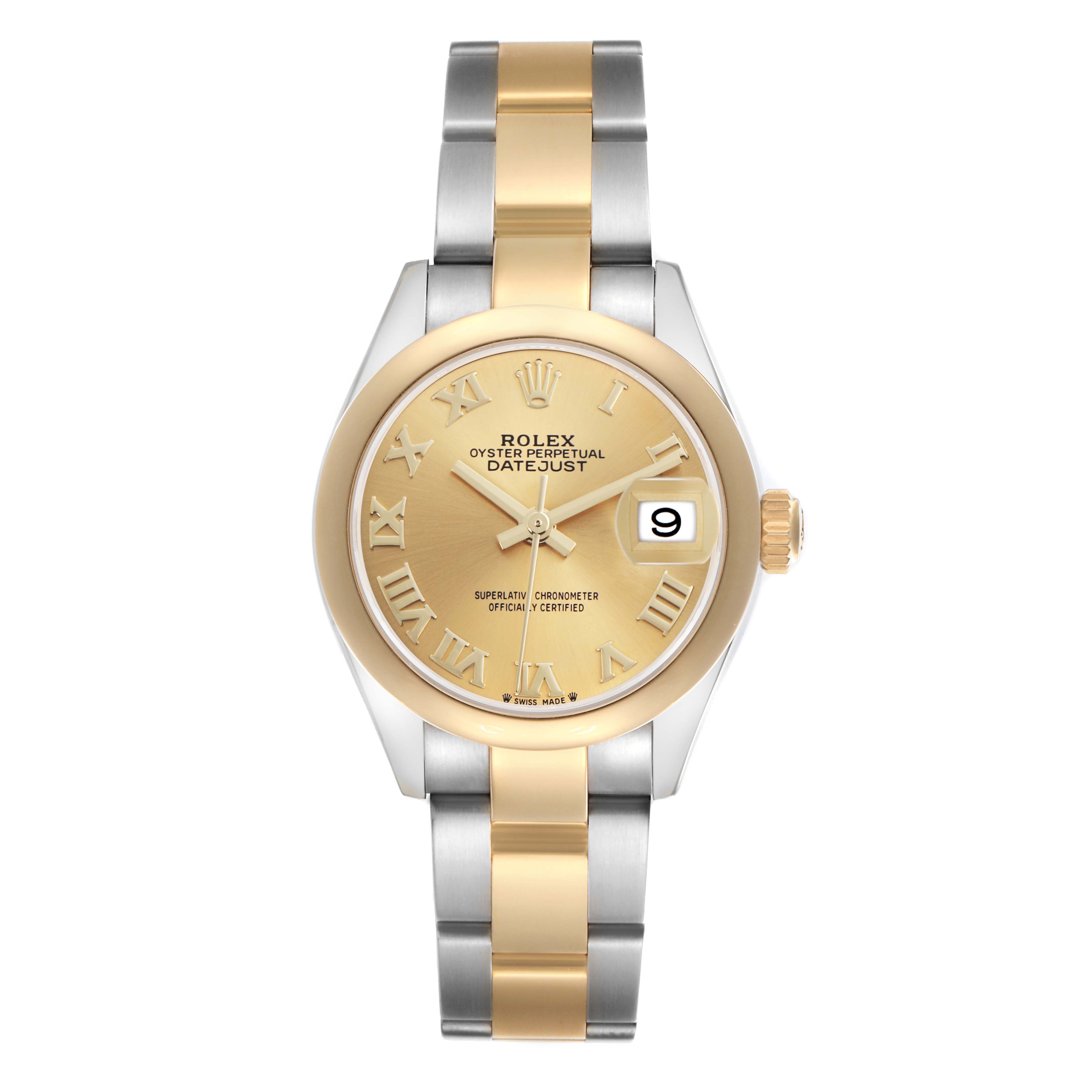 The Rolex Datejust 279163 Women
s Steel and Gold (two tone) Champagne Dial 279163 Women
s Steel and Gold (two tone) Champagne Dial watch is shown from a top-down angle, featuring its dial, bezel, and two-tone bracelet.