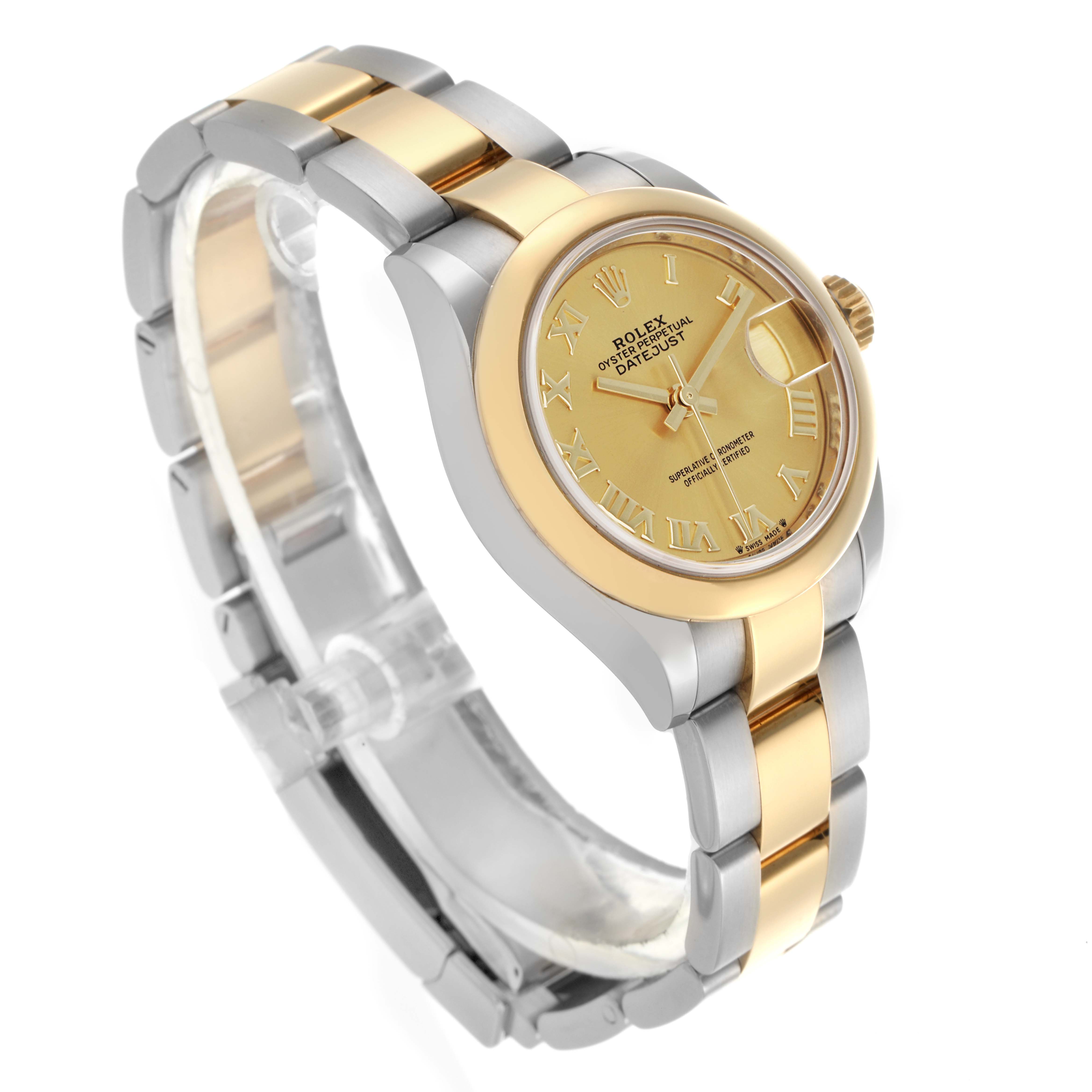 The Rolex Datejust 279163 Women
s Steel and Gold (two tone) Champagne Dial 279163 Women
s Steel and Gold (two tone) Champagne Dial watch is shown at a slight left-side angle, displaying its two-tone bracelet, gold bezel, and dial.