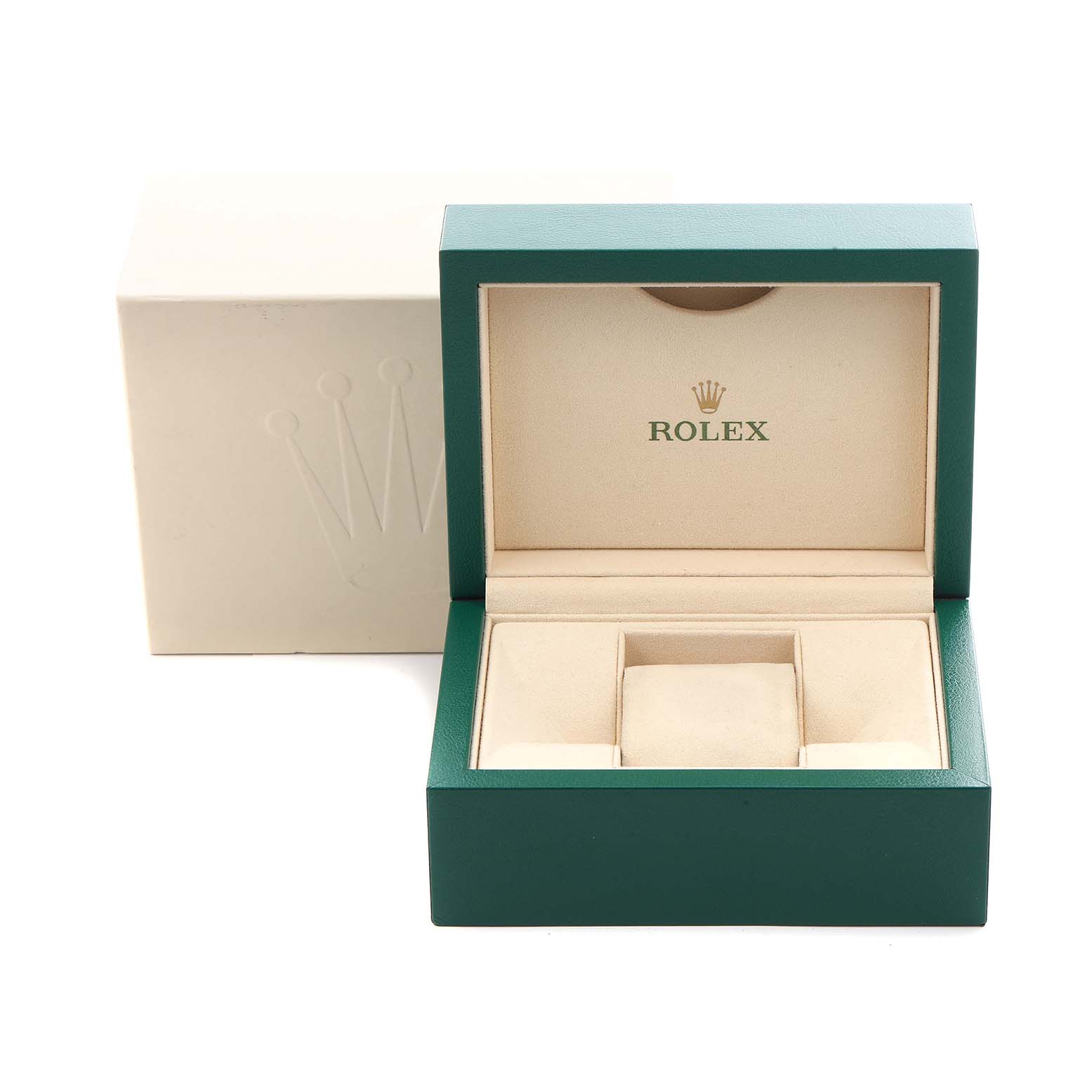 The image shows a Rolex Datejust 279163 Women
s Steel and Gold (two tone) Champagne Dial 279163 Women
s Steel and Gold (two tone) Champagne Dial watch box open, displaying the interior with the logo, from a front-facing angle.