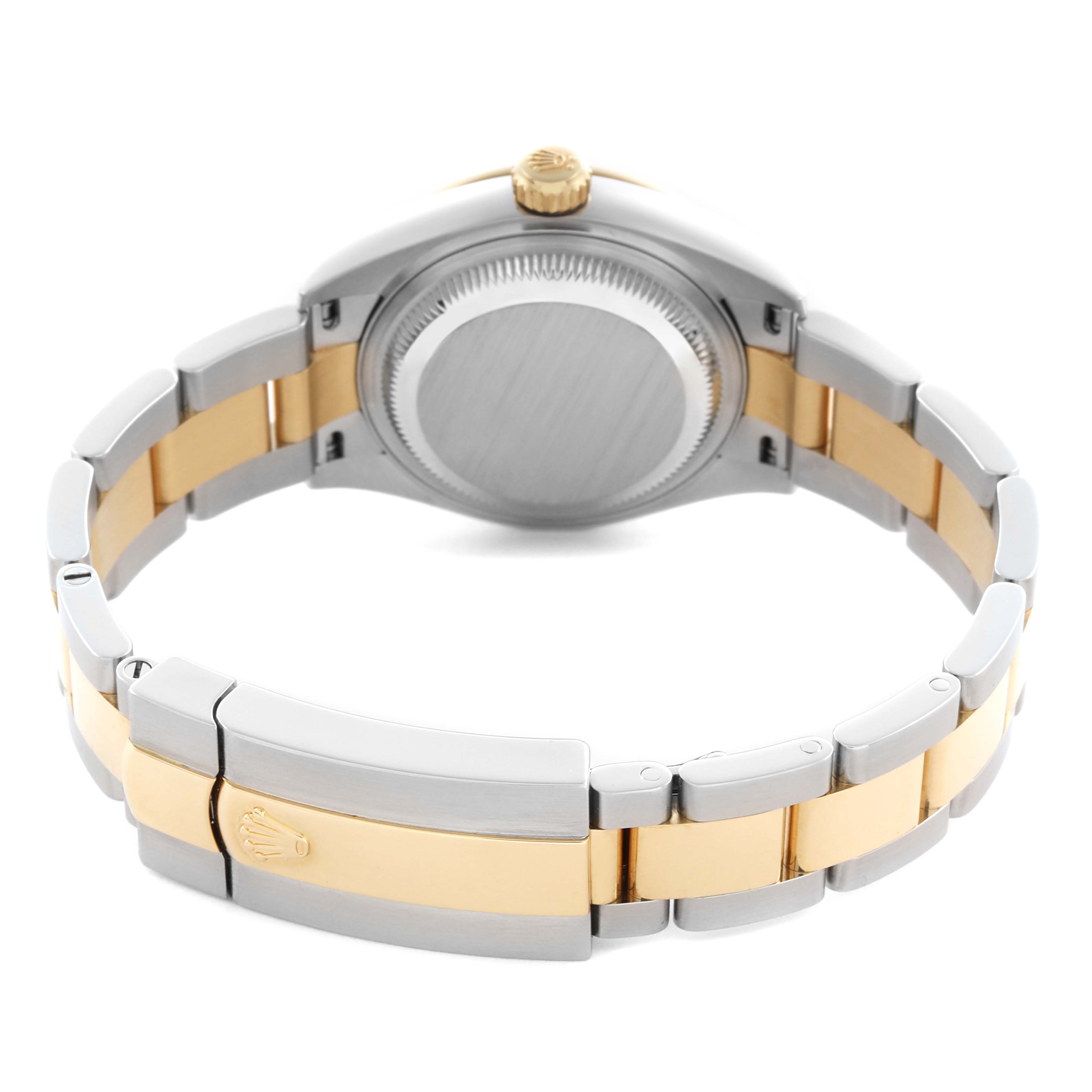 The Rolex Datejust 279163 Women
s Steel and Gold (two tone) Champagne Dial 279163 Women
s Steel and Gold (two tone) Champagne Dial watch is shown from the back, highlighting the case back, crown, and two-tone bracelet.