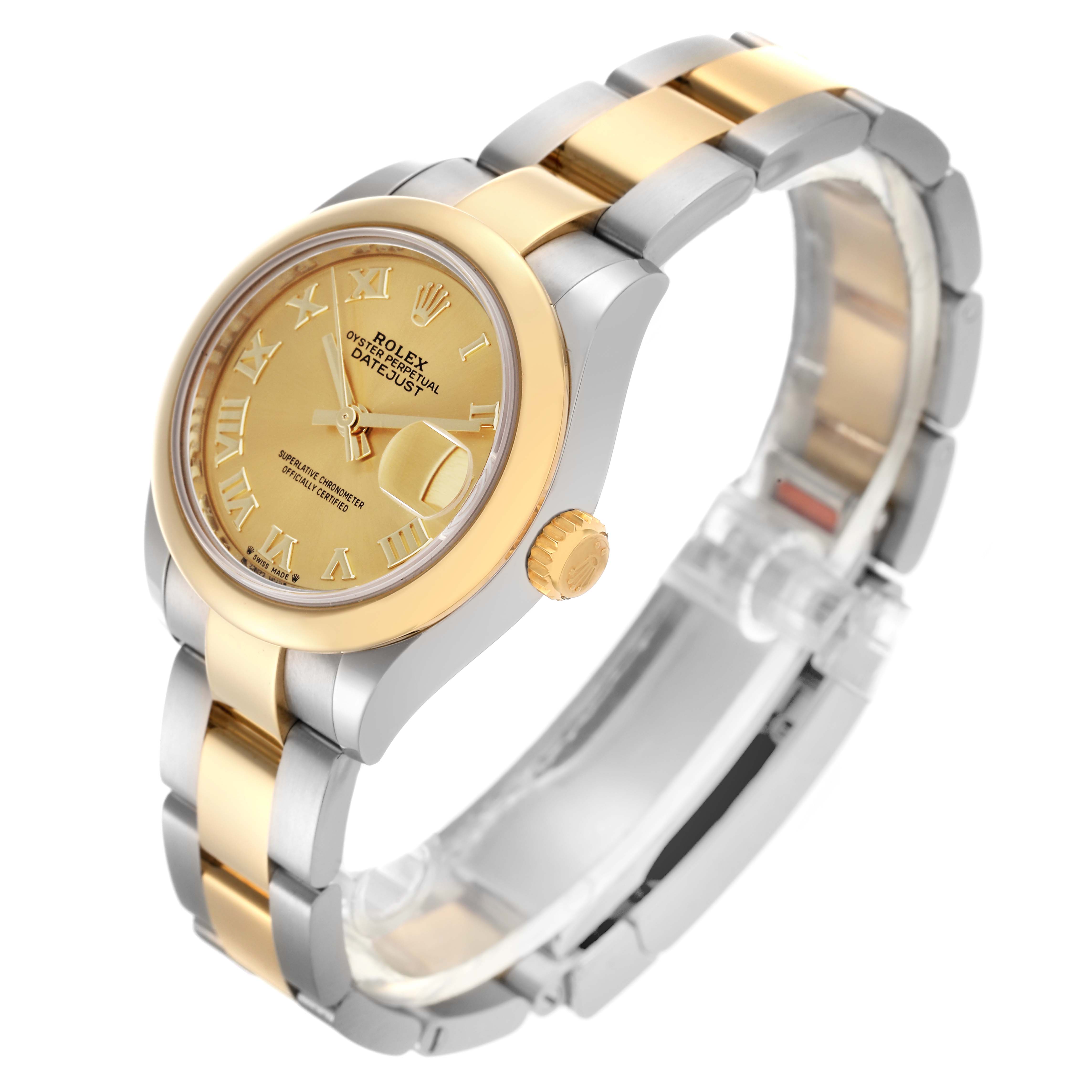 The Rolex Datejust 279163 Women
s Steel and Gold (two tone) Champagne Dial 279163 Women
s Steel and Gold (two tone) Champagne Dial watch is shown at a three-quarter angle, highlighting its gold and silver band and dial.
