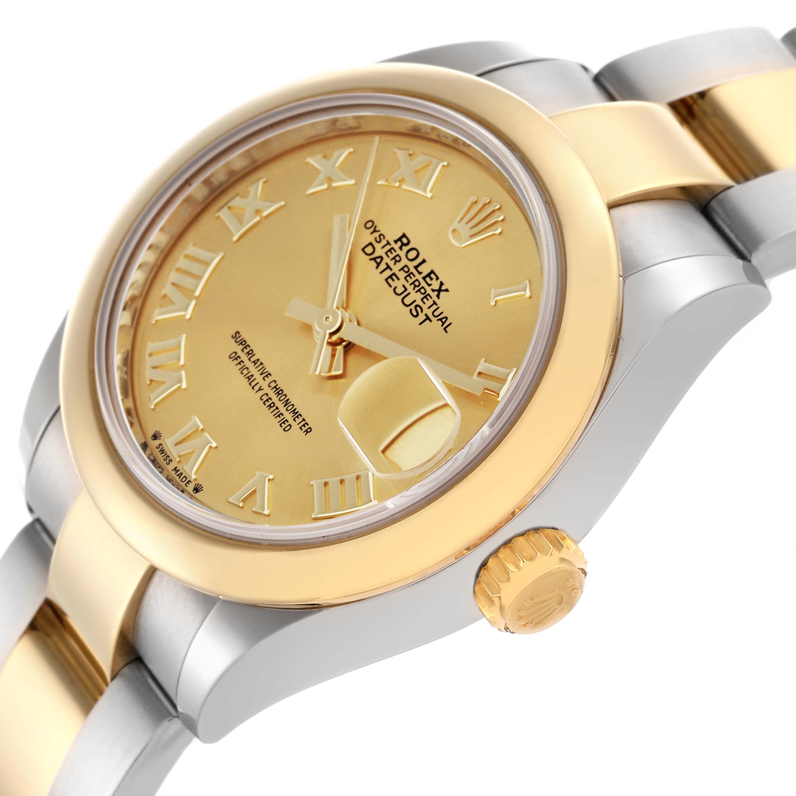 The Rolex Datejust 279163 Women
s Steel and Gold (two tone) Champagne Dial 279163 Women
s Steel and Gold (two tone) Champagne Dial watch is shown at a tilted angle, highlighting the dial, bezel, crown, and part of the bracelet.