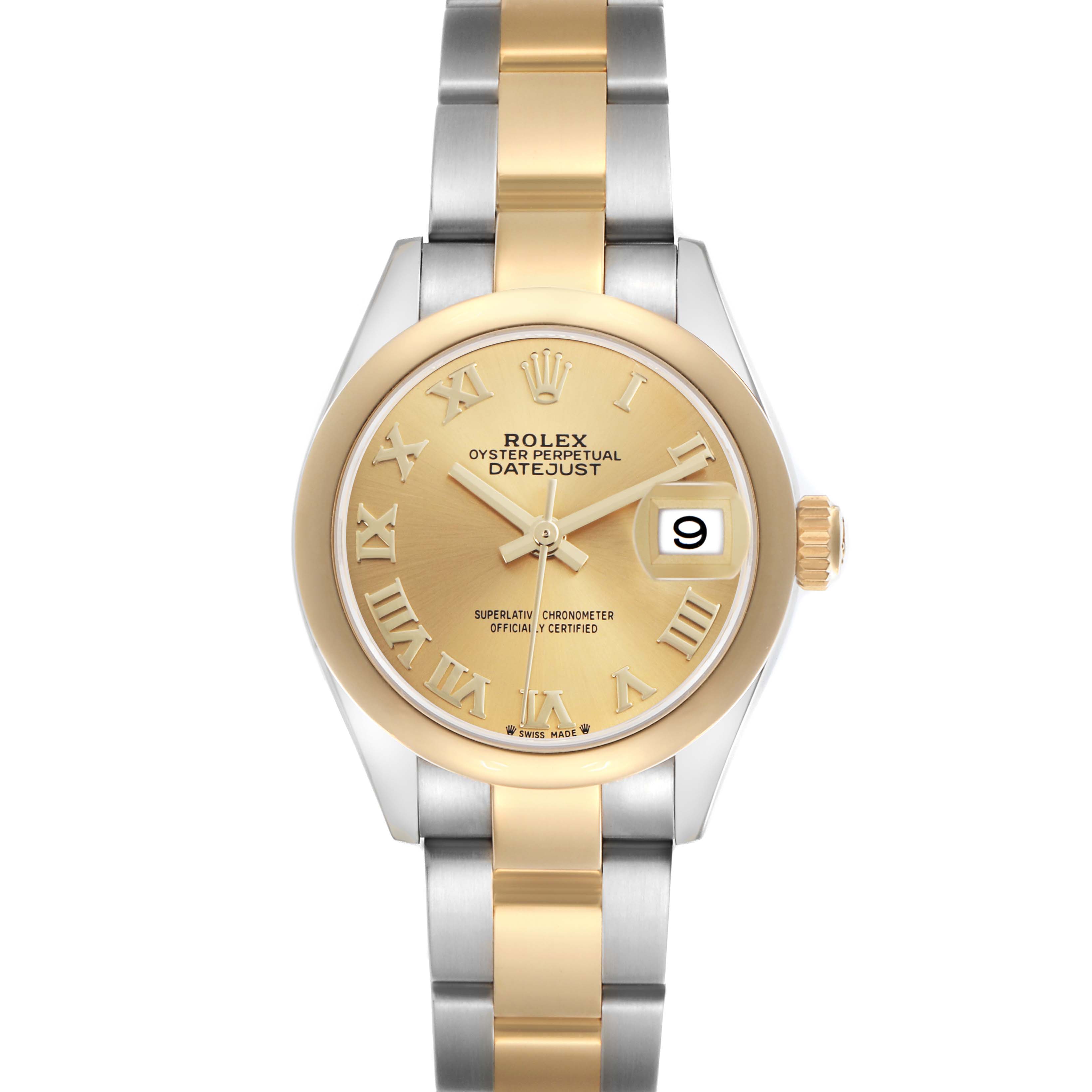 The Rolex Datejust 279163 Women
s Steel and Gold (two tone) Champagne Dial 279163 Women
s Steel and Gold (two tone) Champagne Dial watch is shown from a front angle, highlighting the dial, bezel, hands, and part of the metal bracelet.