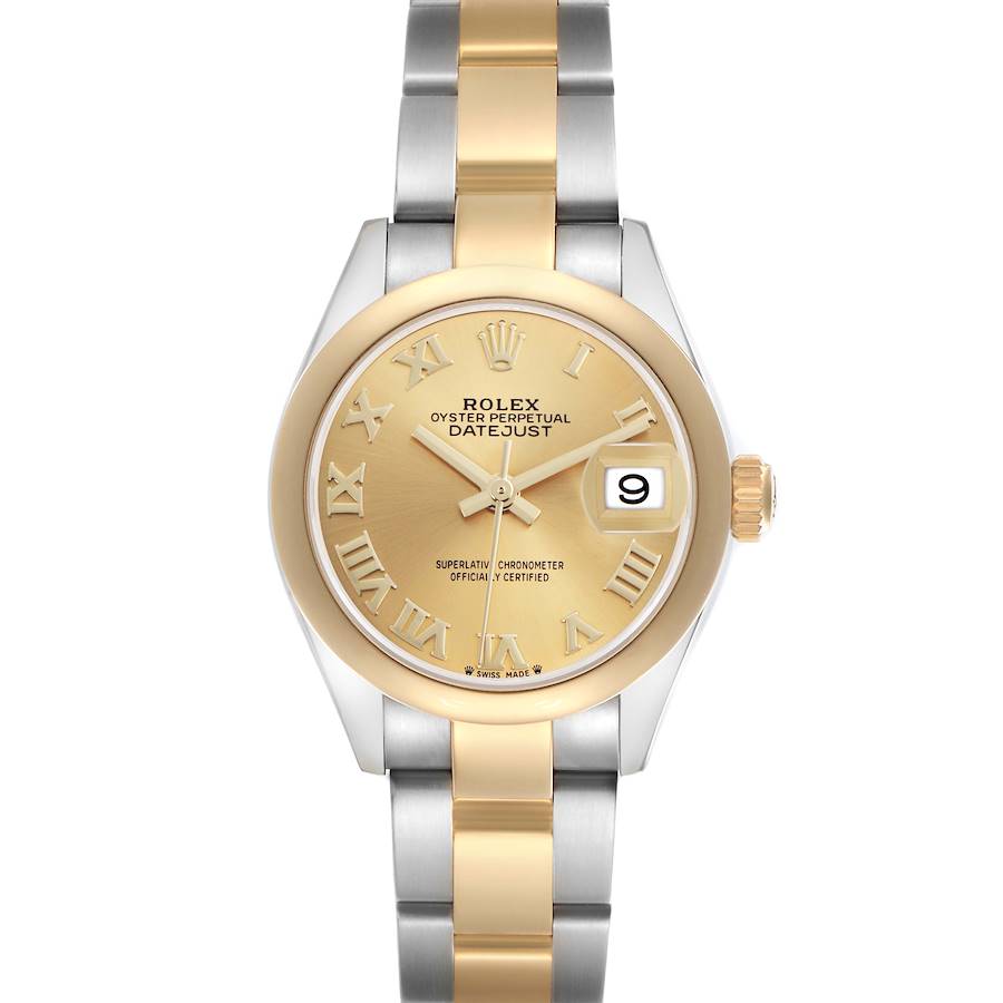 The Rolex Datejust watch is shown from a front angle, highlighting the dial, bezel, hands, and part of the metal bracelet.